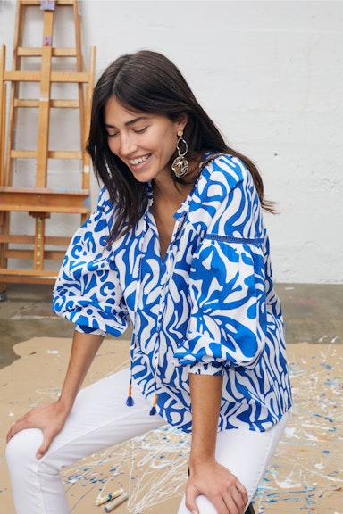 Bild 7 von Tunic blouse 100% cotton voile in blue white | Oui
