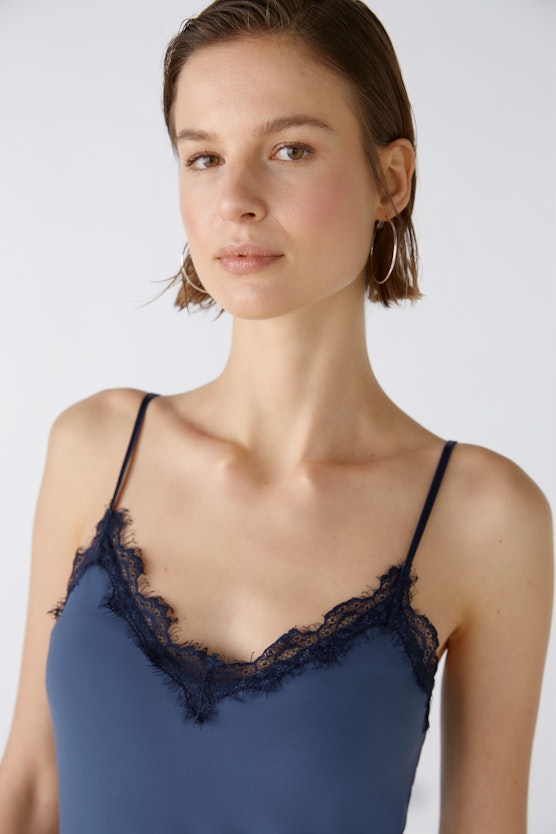 Women's Organic Cotton Essential Rib Lace Cami Top in Blush Blue