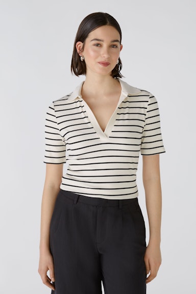 Bild 2 von Poloshirt elastische Viskoserippe in gestricktem Streifen in offwhite black | Oui