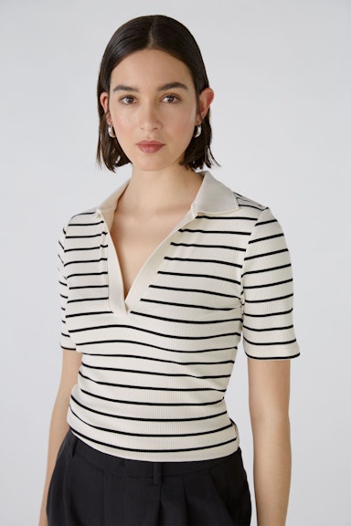 Bild 5 von Poloshirt elastische Viskoserippe in gestricktem Streifen in offwhite black | Oui