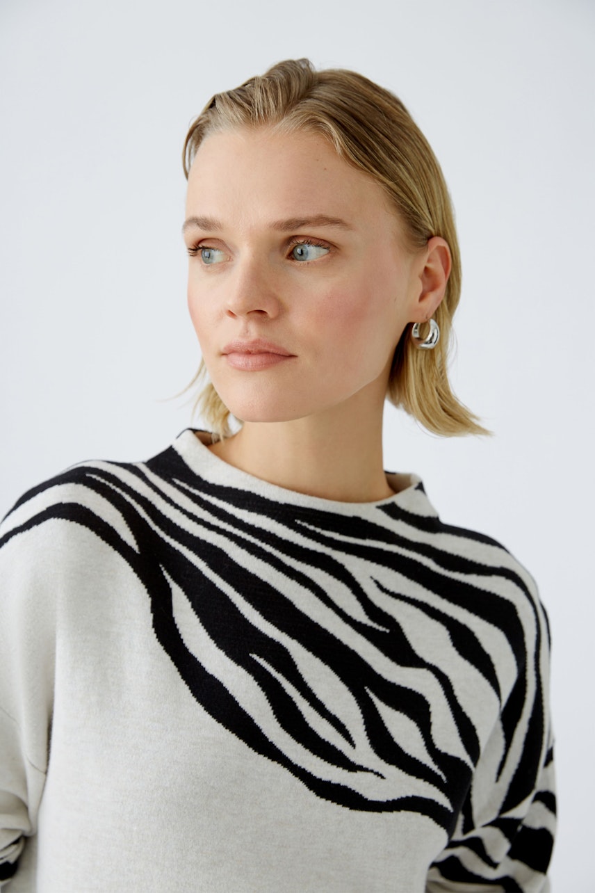 Modern women's pullover: A woman in a stylish zebra-striped pullover, exuding confidence.