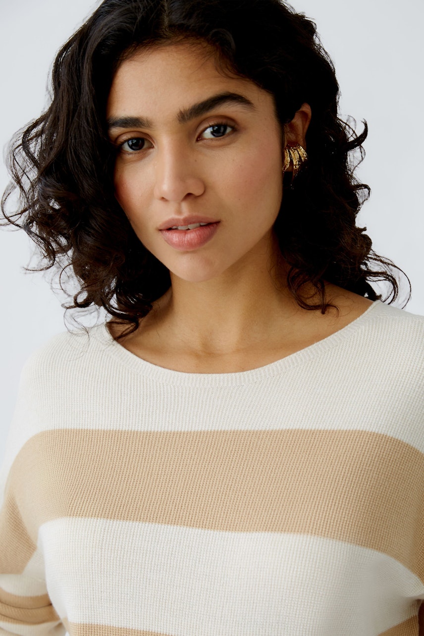 Modern women's pullover: A woman in a striped pullover with soft tones, exuding effortless style.