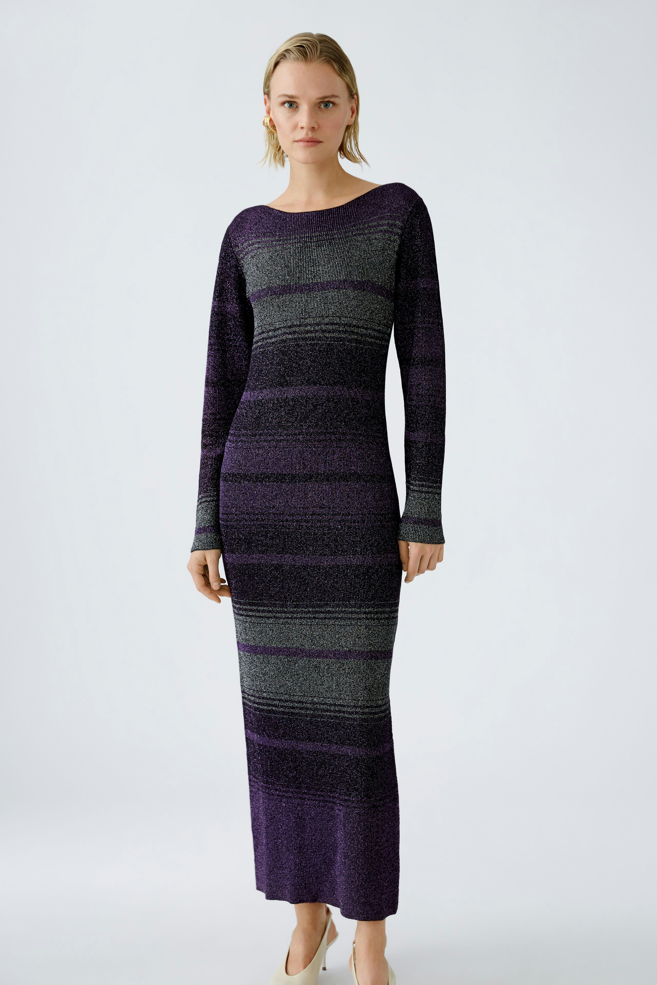 Elegant women's knitted dress in purple and gray stripes, perfect for any occasion.