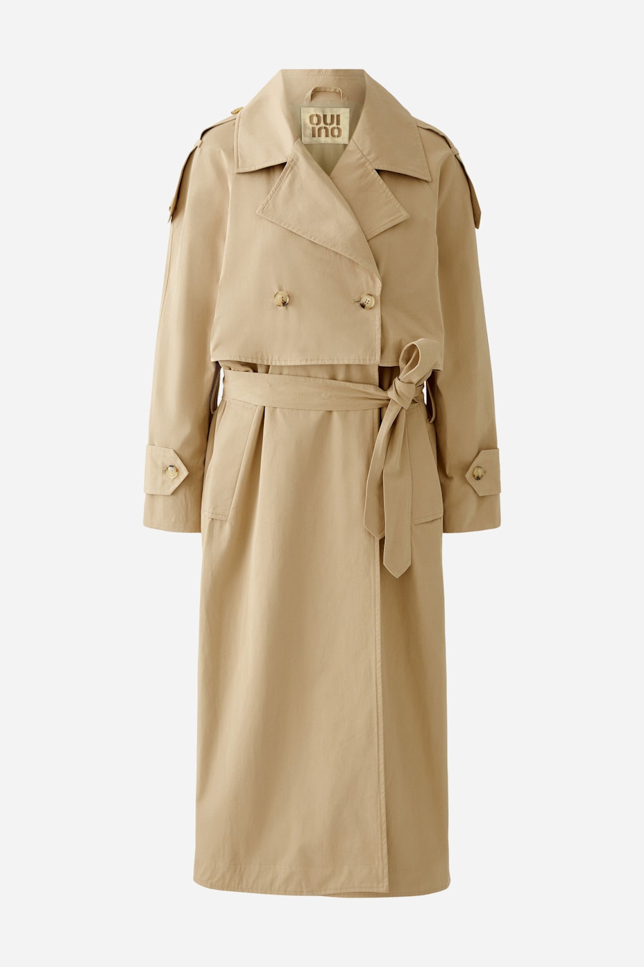 Beiger Trenchcoat für Damen: Eleganter, taillierter Schnitt mit Gürtel und klassischem Revers.