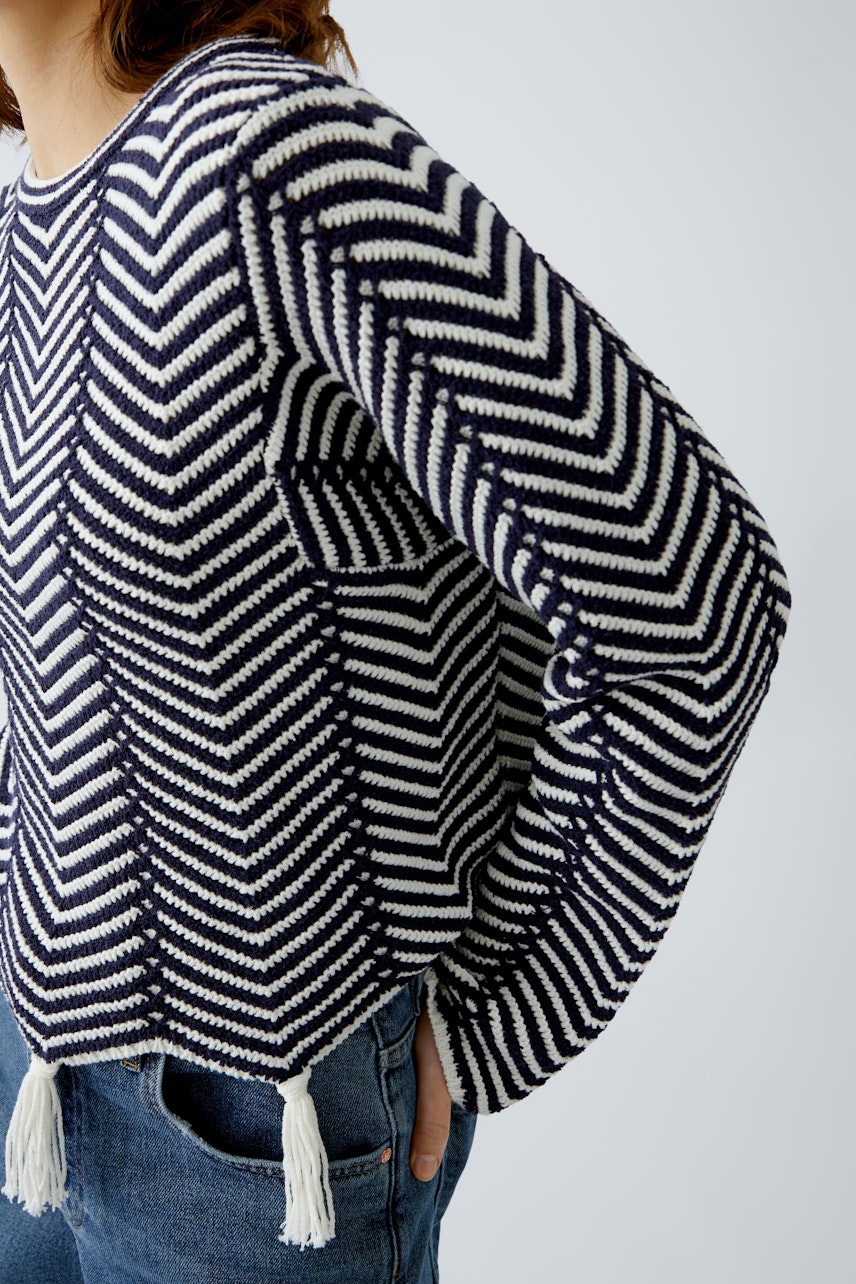 Stylish women's pullover with a chevron pattern, featuring a relaxed fit and tassel details.