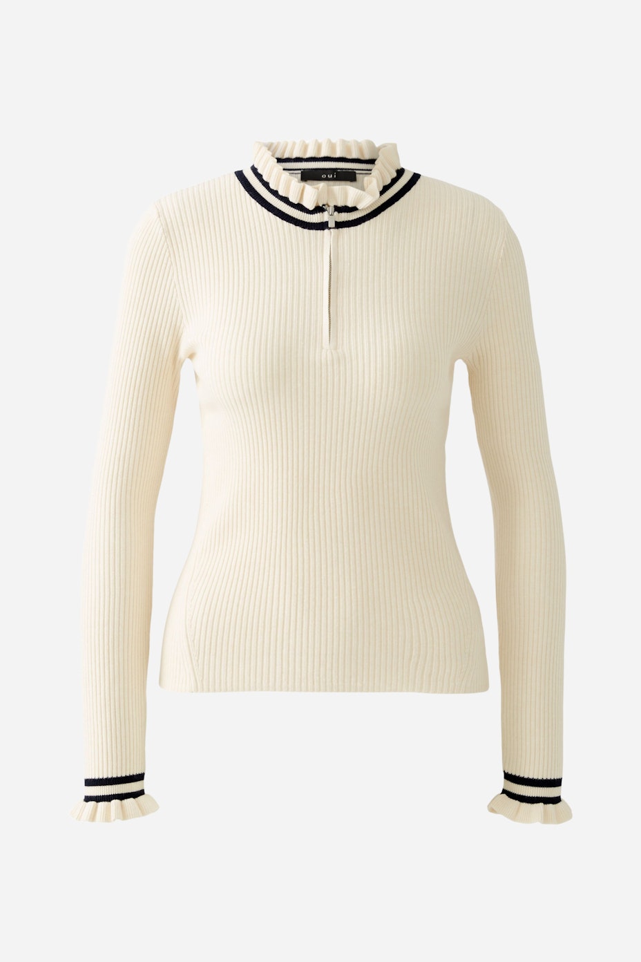 Eleganter Damen-Pullover in Creme mit Stehkragen und kontrastierenden Streifen.