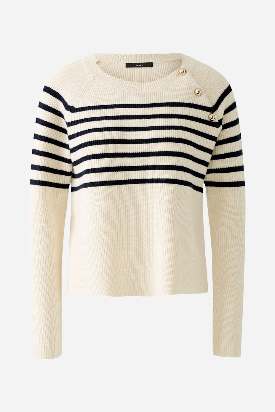 Bequemer Damen-Pullover in Creme mit maritimen Streifen und Knopfdetails, ideal für lässige Outfits.