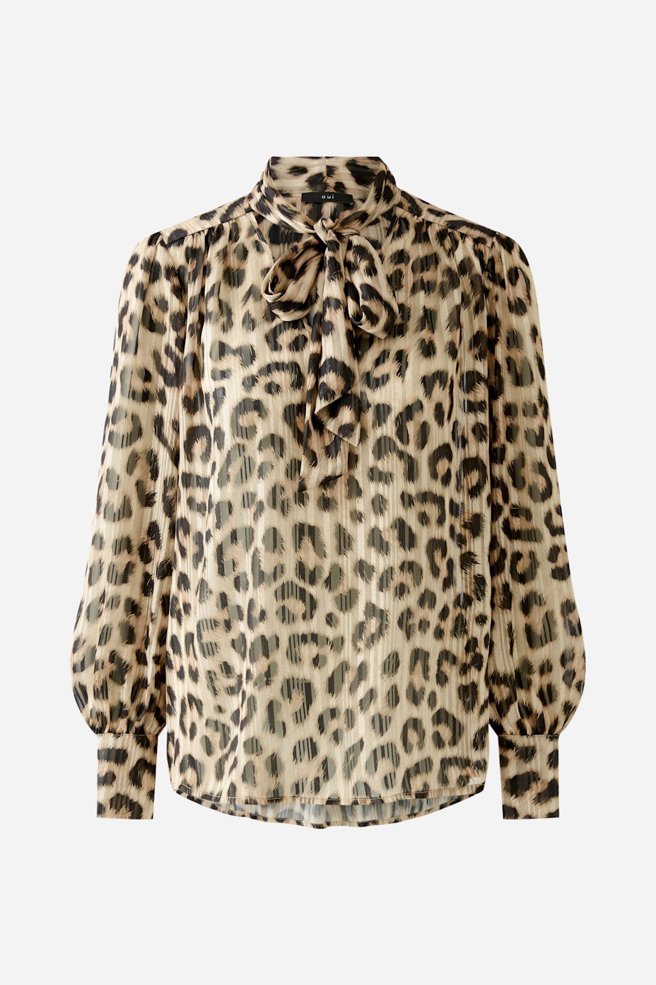 Elegant women's blouse with a leopard print and a bow tie detail, perfect for stylish occasions.