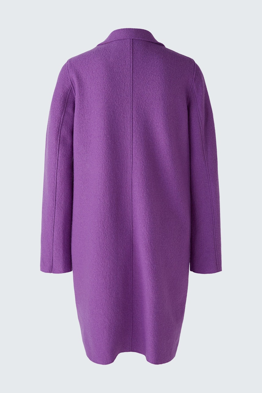 Stylish women's wool coat in vibrant purple, showcasing a modern, minimalist design.