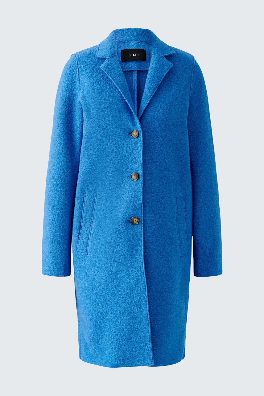 Stylish women's coat in vibrant blue with a tailored fit and button closure.