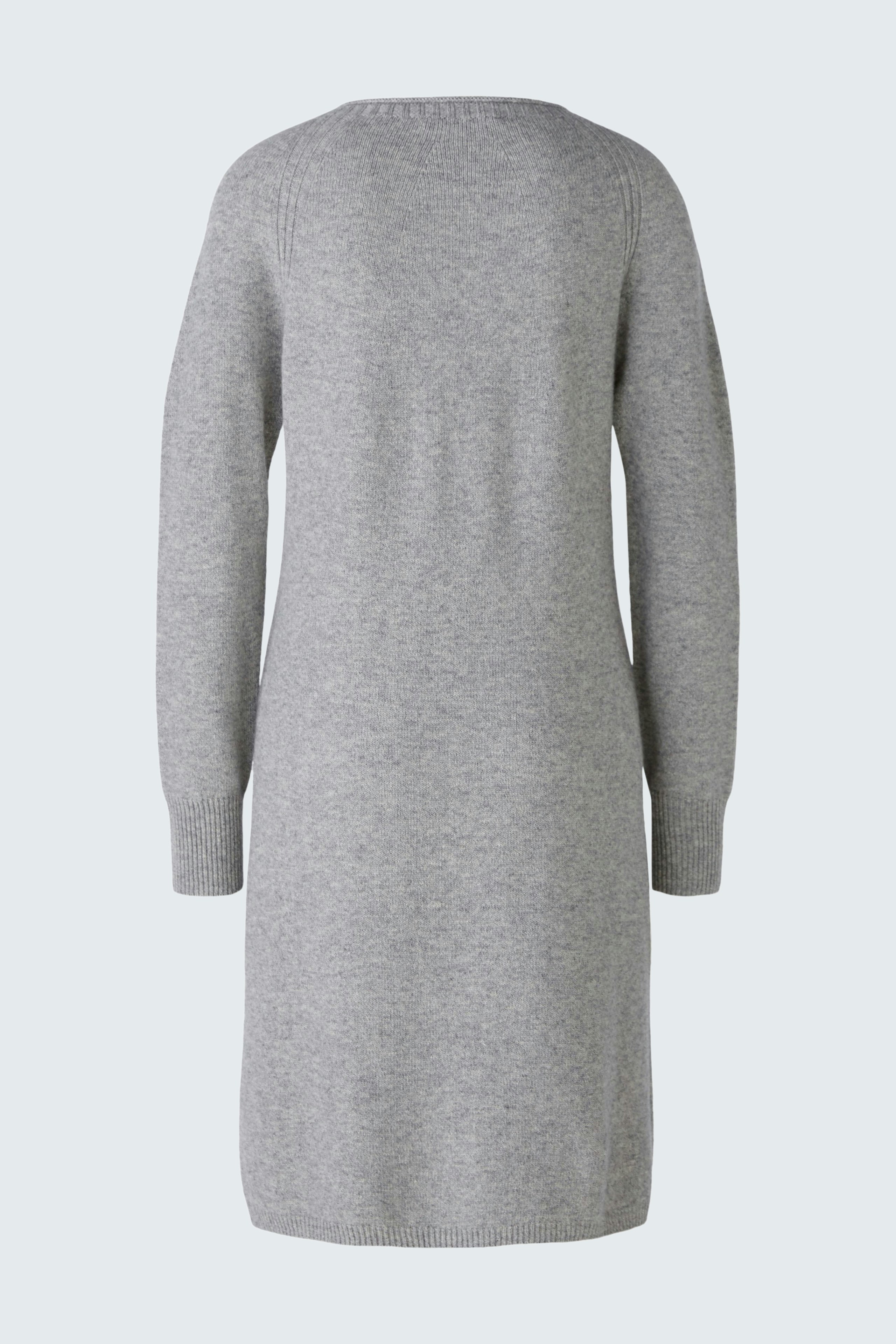 Elegantes Damen-Kleid: graues, langärmliges Kleid mit schlichtem Design von hinten.