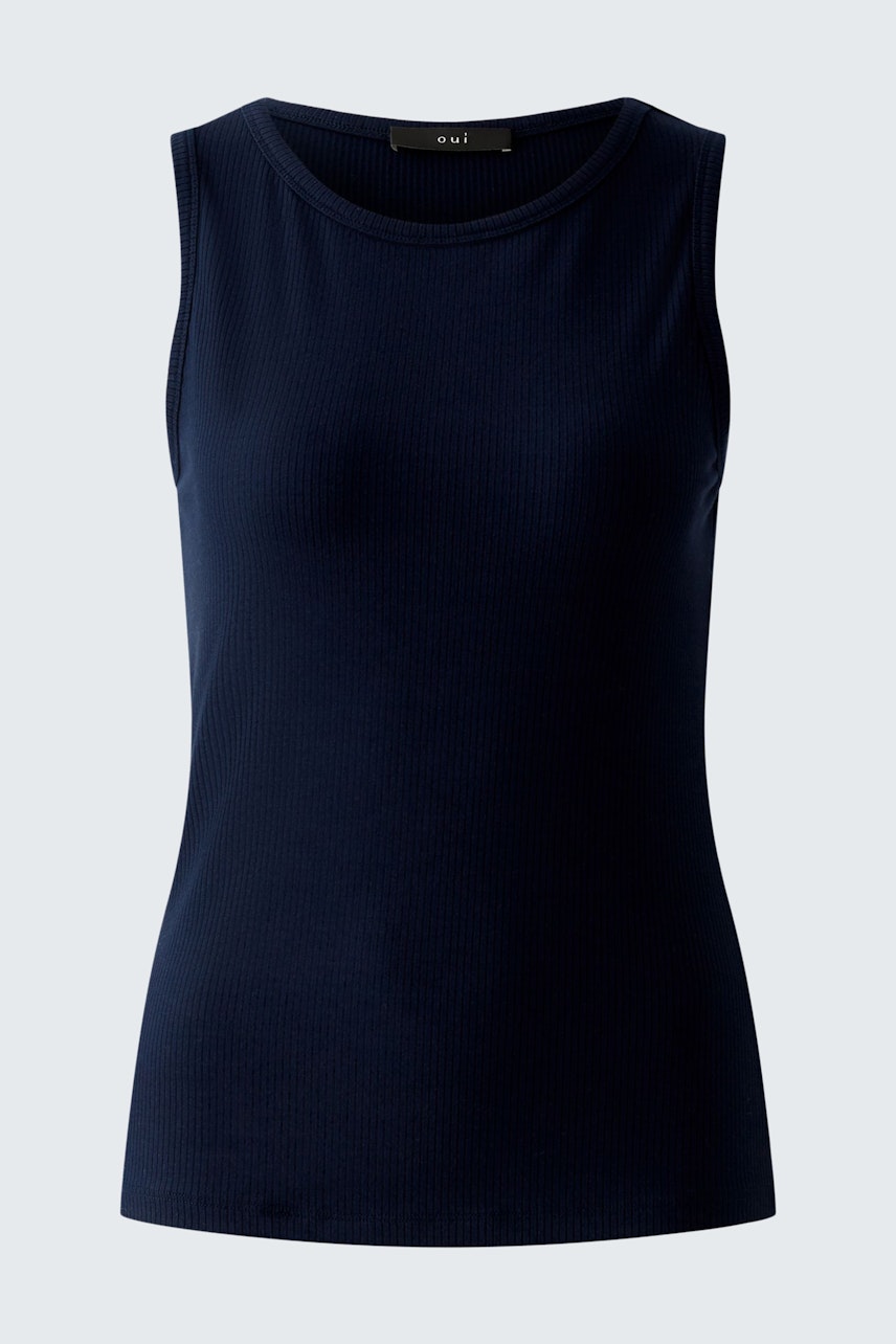 Navy blue women's top with a sleek design, perfect for layering or casual wear.