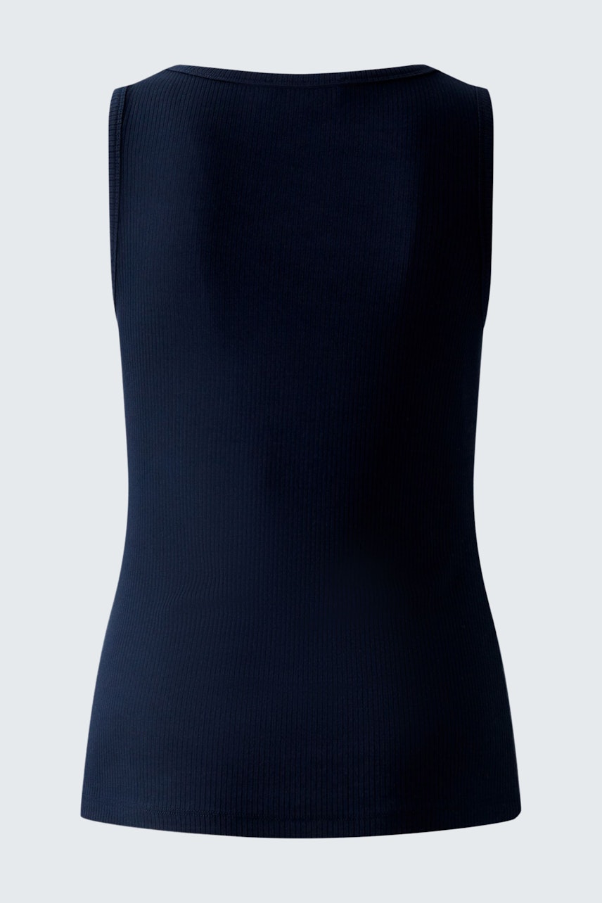 Elegant women's top: A fitted navy tank top with a sleek design, perfect for layering or wearing alone.