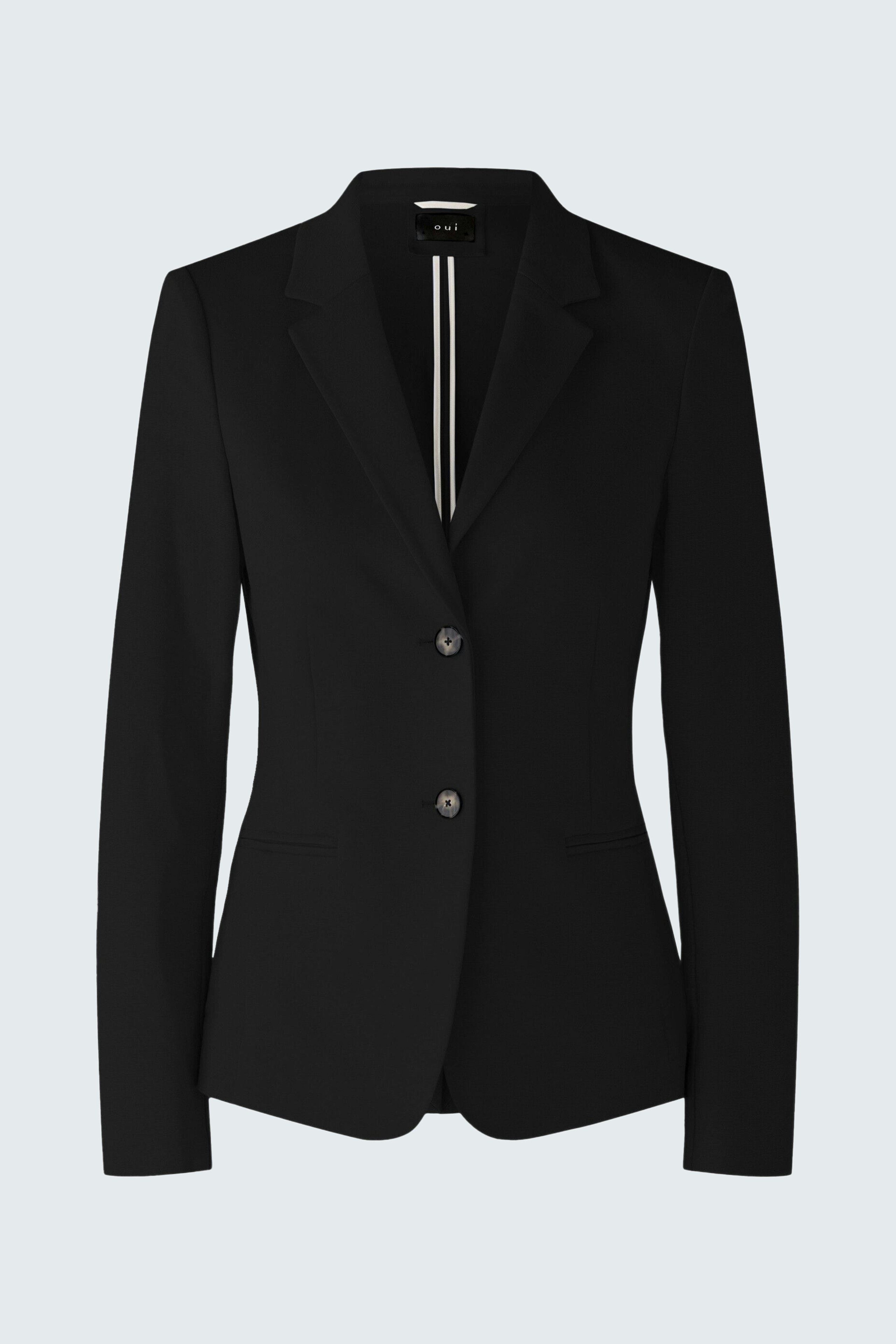 Eleganter Damen-Blazer in Schwarz mit klassischem Schnitt und zwei Knöpfen.