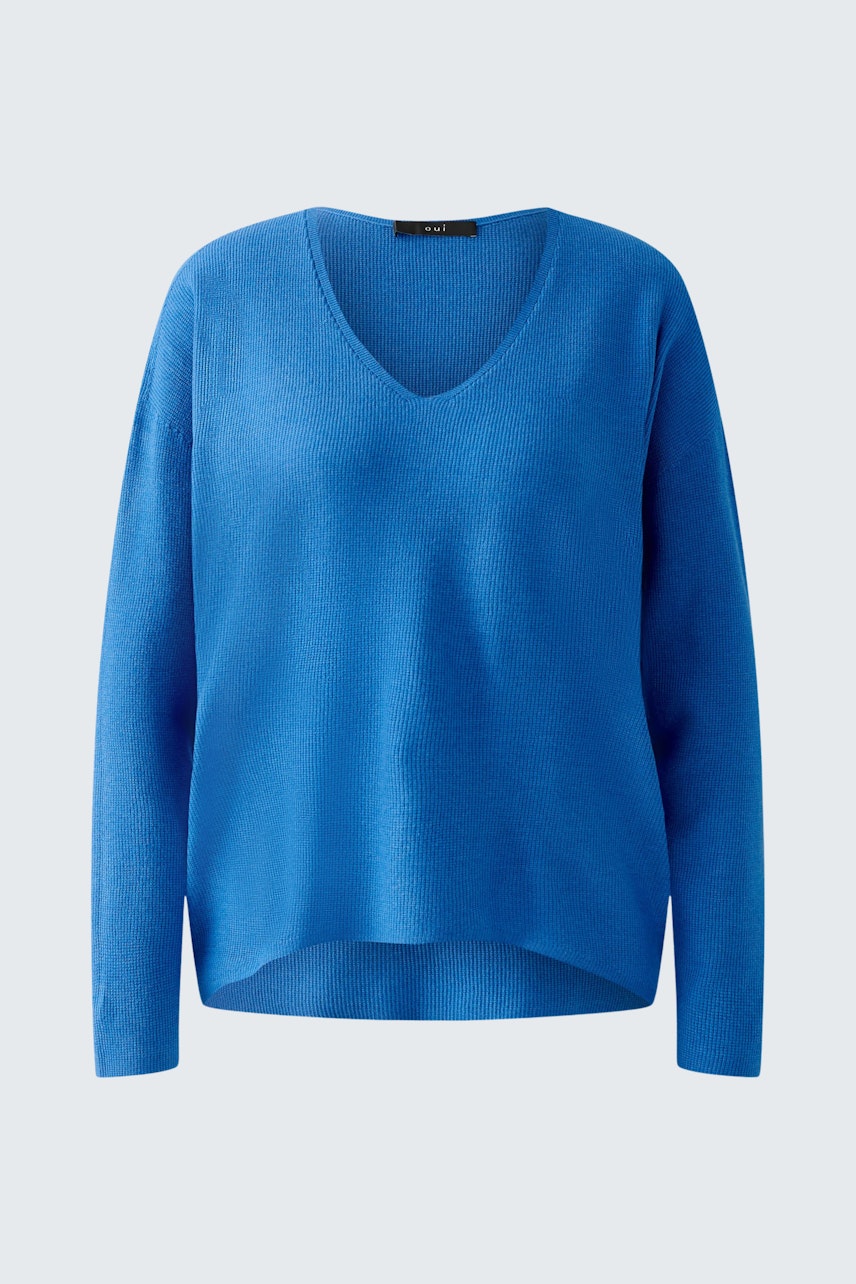 Stylish women's pullover in vibrant blue with a relaxed fit and V-neck design.