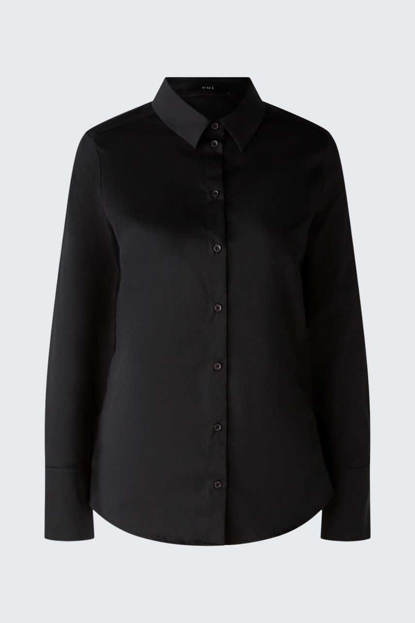 Elegant black blouse for women with a classic collar and button-down front.