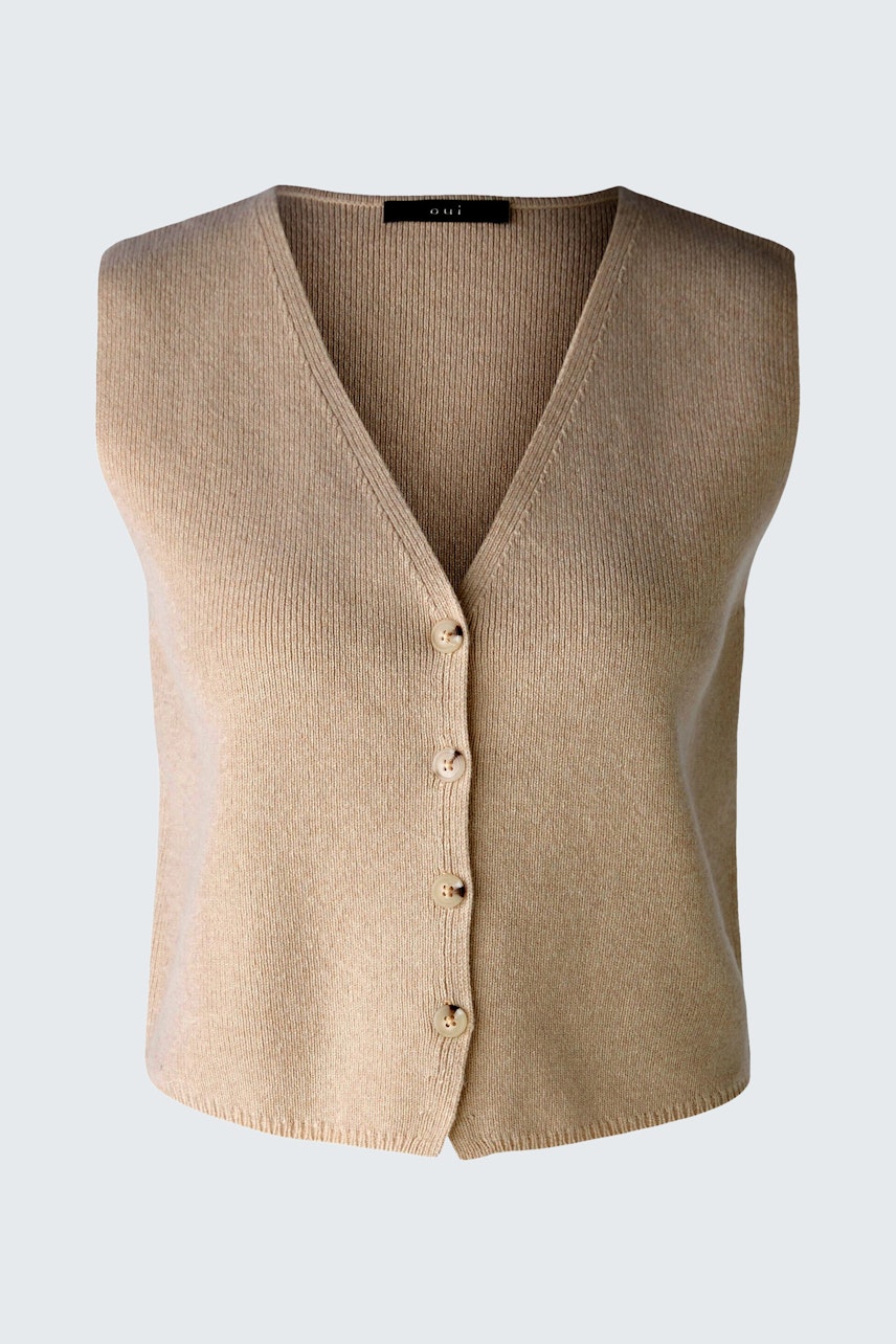 Beige Strickweste für Damen: Schlichte, ärmellose Weste mit V-Ausschnitt und Knöpfen.