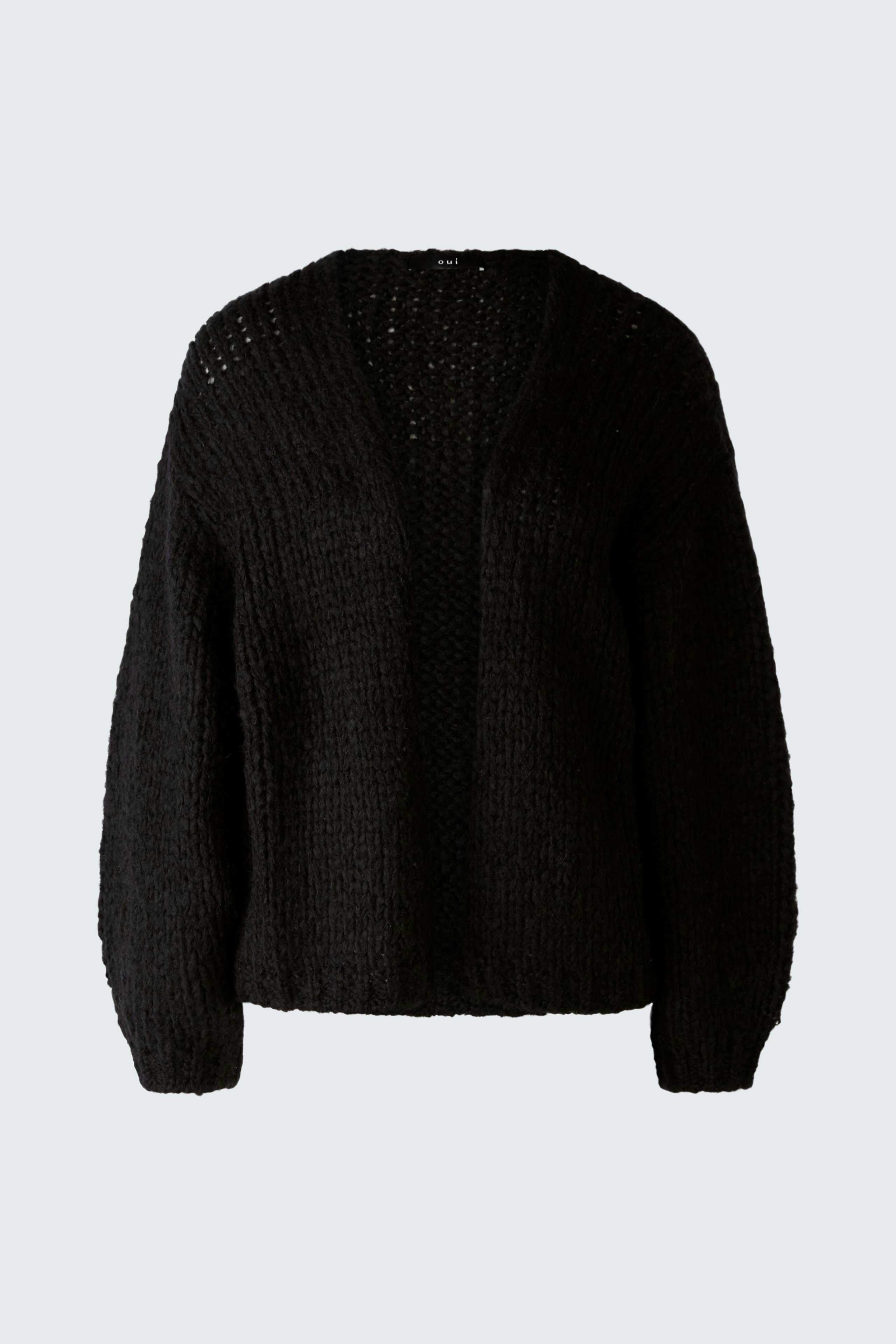 Schwarze Strickjacke für Damen mit lockerer Passform und weichem Material, ideal für jeden Anlass.