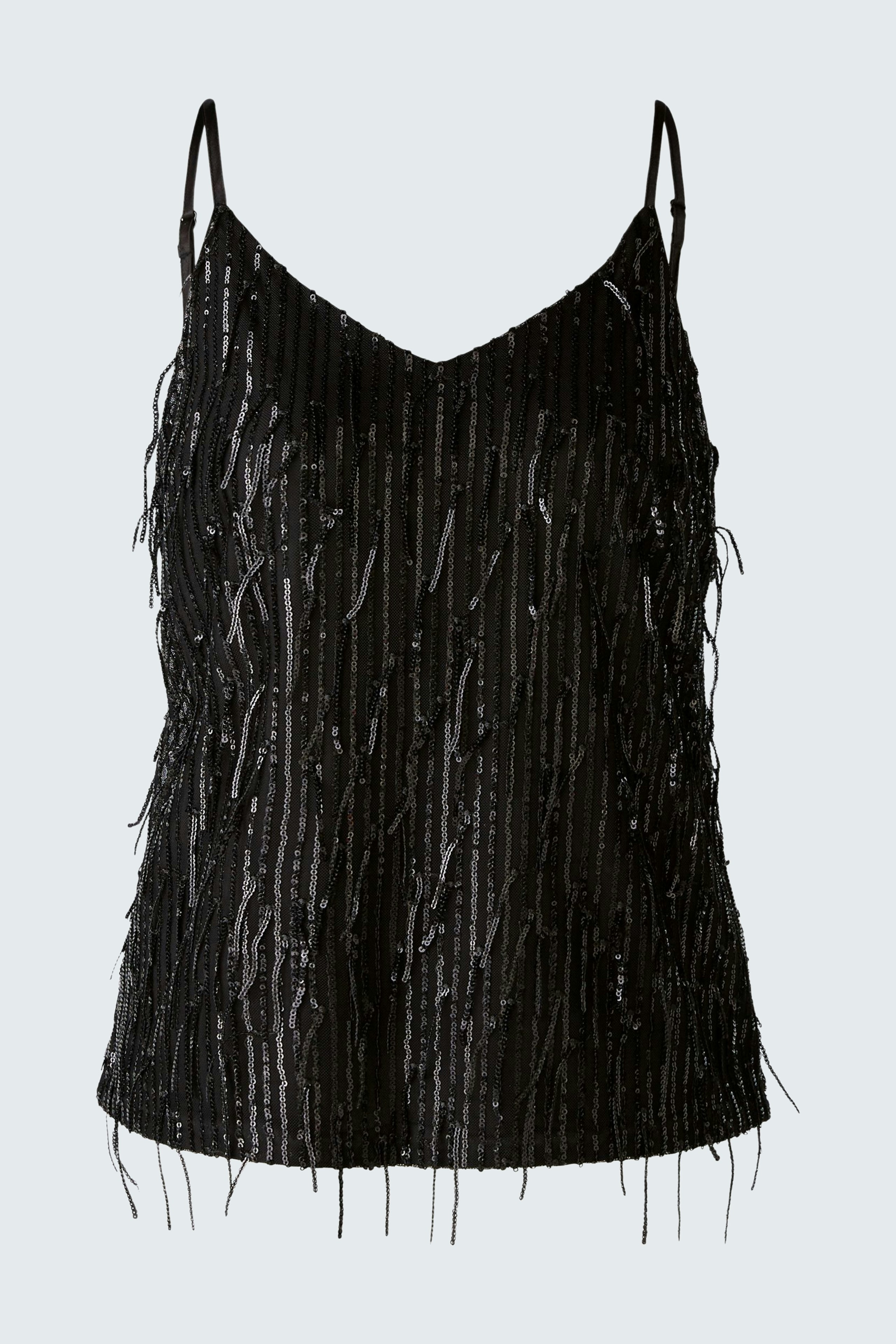 Elegant women's top: Black sleeveless top with shimmering fringe details, perfect for a night out.