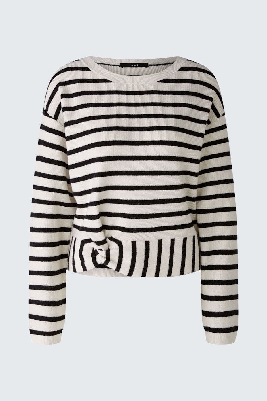 Stylish women's pullover: Black and white striped pullover with a trendy knot detail.