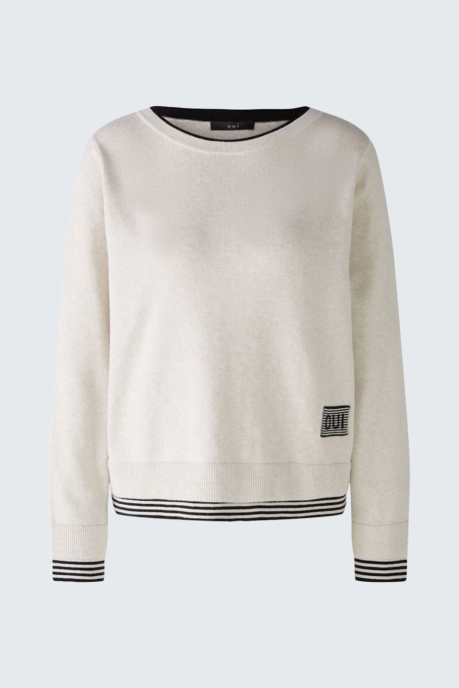 Bequemer Damen-Pullover in hellem Beige mit sportlichem Streifenmuster am Saum und Logo-Detail.