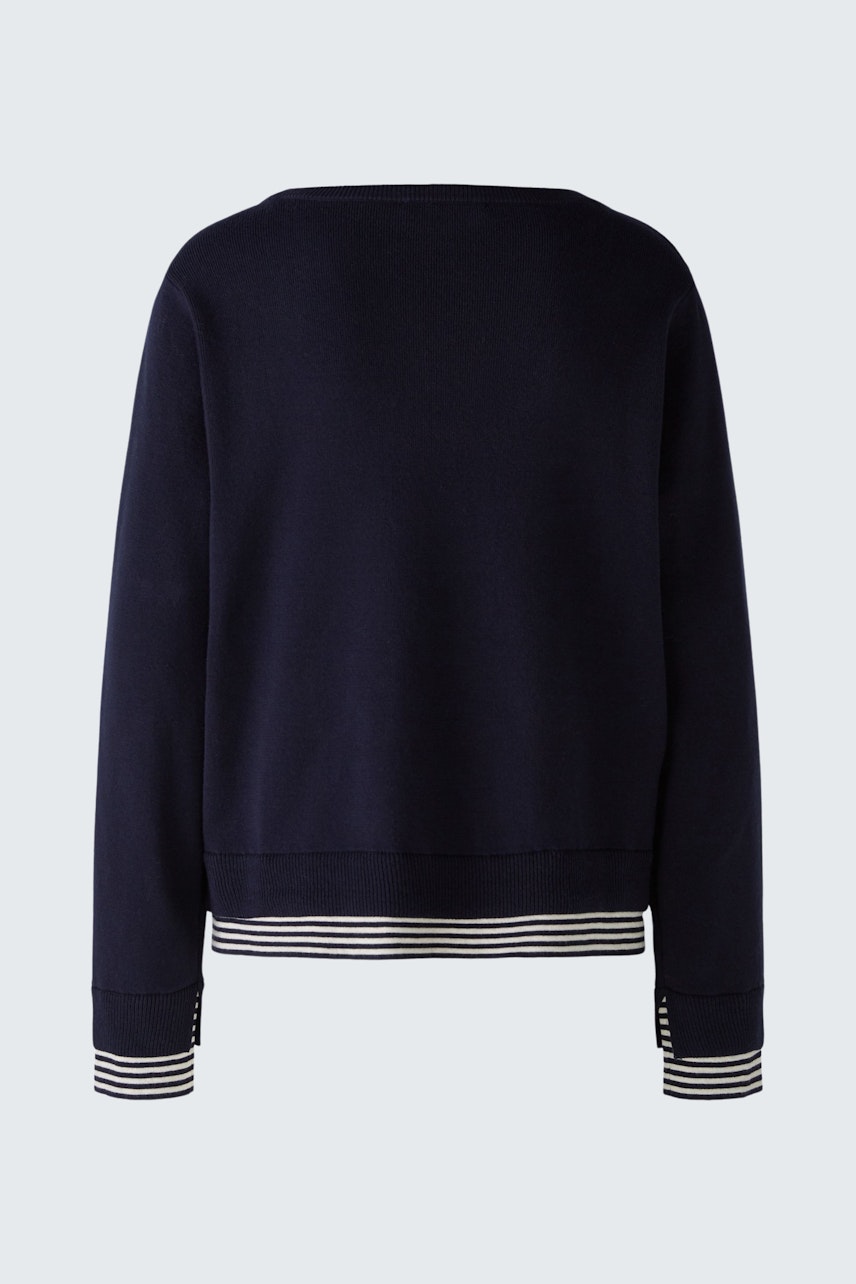 Navy women's pullover with striped hem, perfect for casual and stylish outfits.