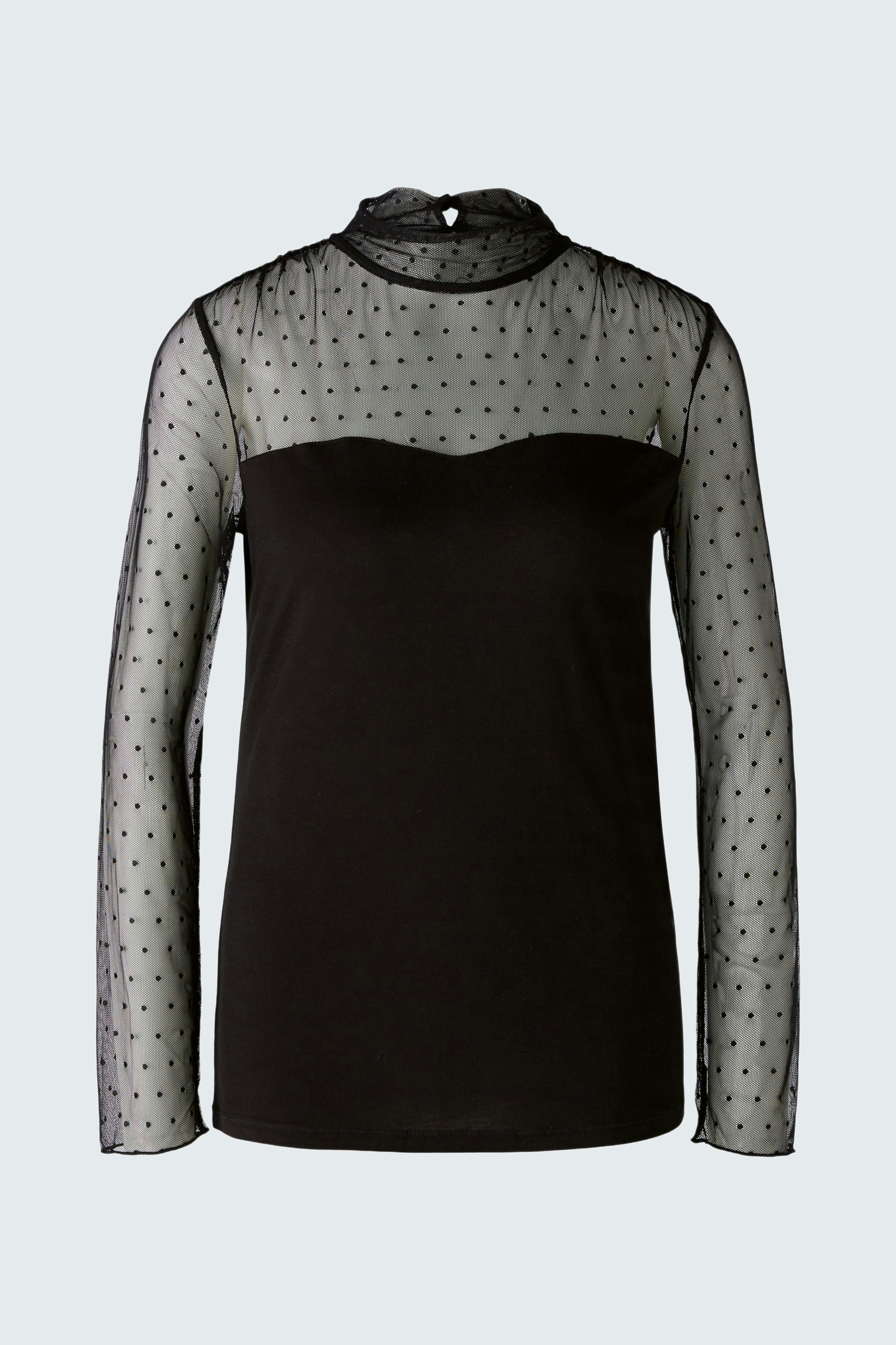 Elegantes Langarmshirt für Damen mit transparenten, gepunkteten Ärmeln in Schwarz.