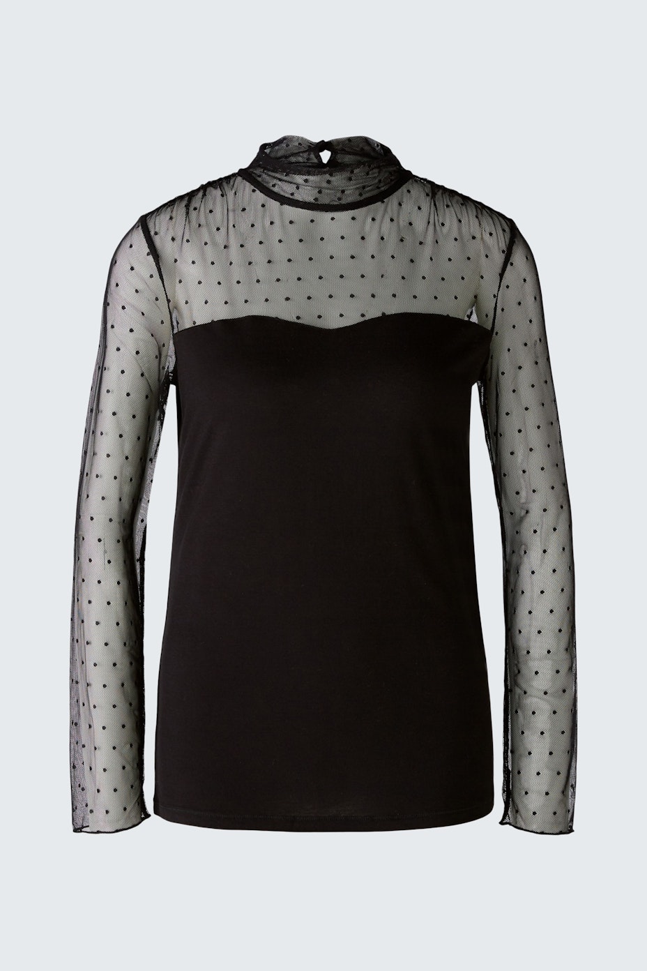 Elegant long-sleeve shirt: A stylish black top with sheer dotted sleeves, perfect for any occasion.