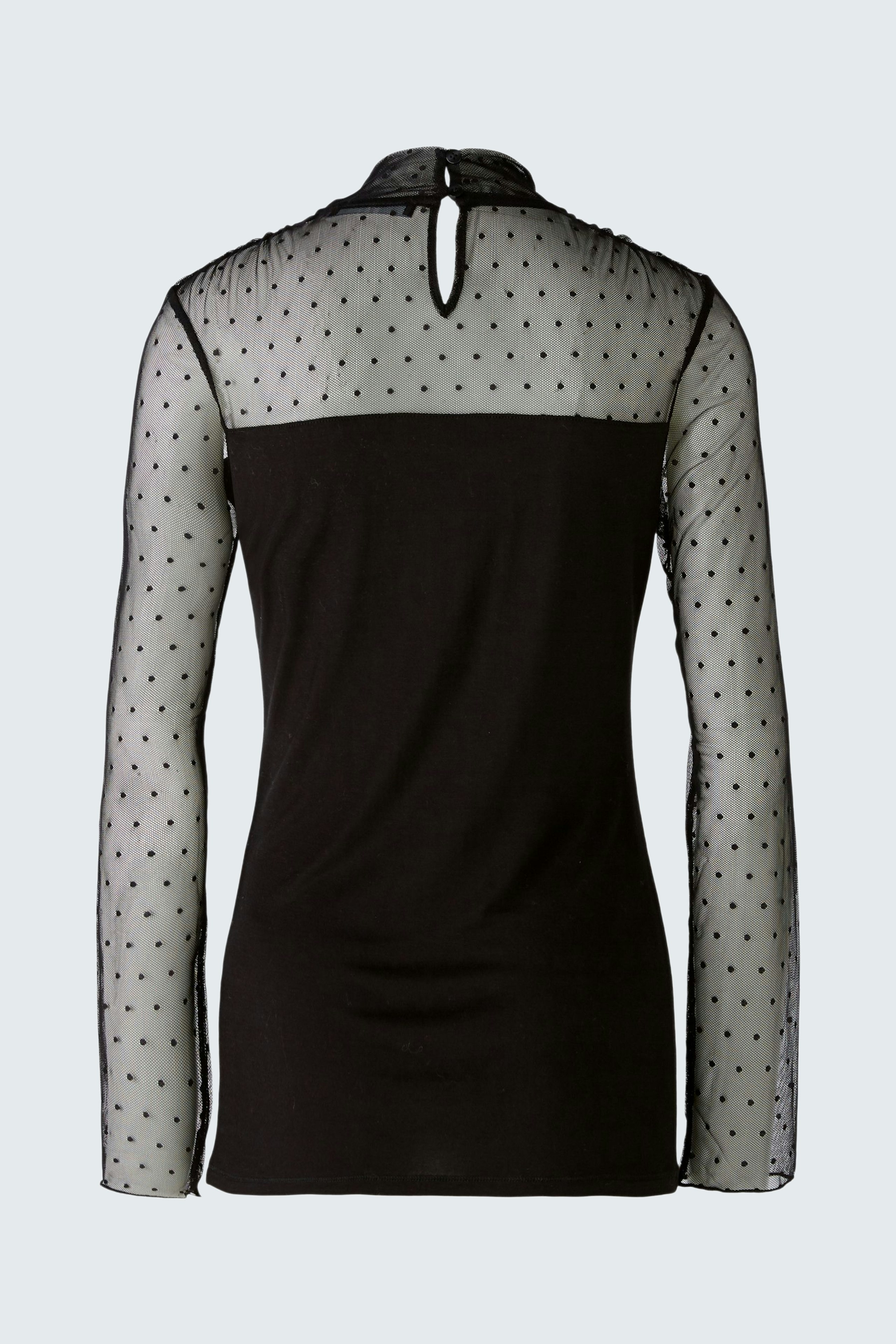 Elegantes Langarmshirt für Damen: Schwarzes Shirt mit transparenten, gepunkteten Ärmeln.