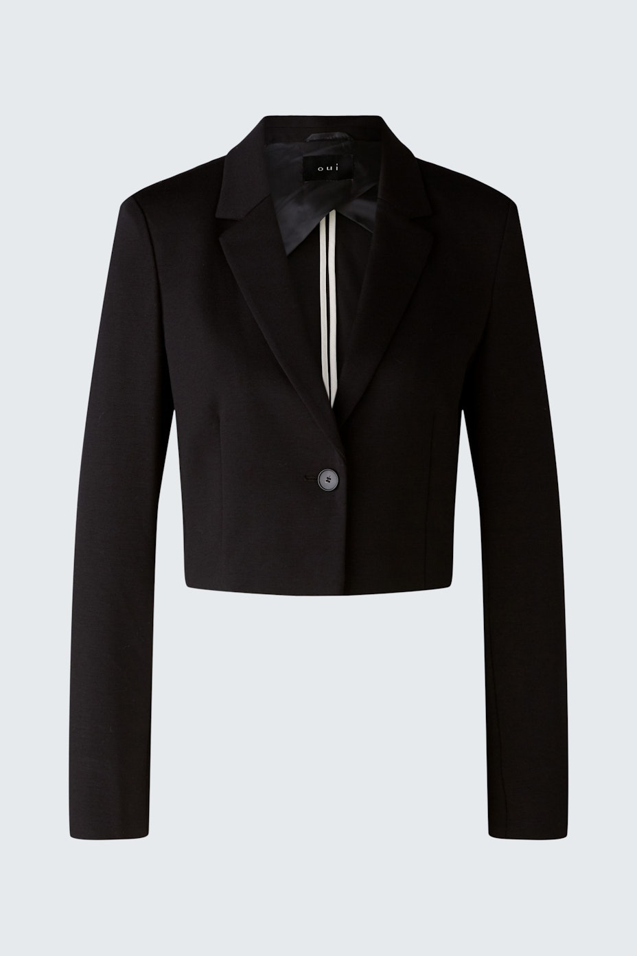 Chic women's blazer: A stylish black cropped blazer with a sleek collar and button detail.