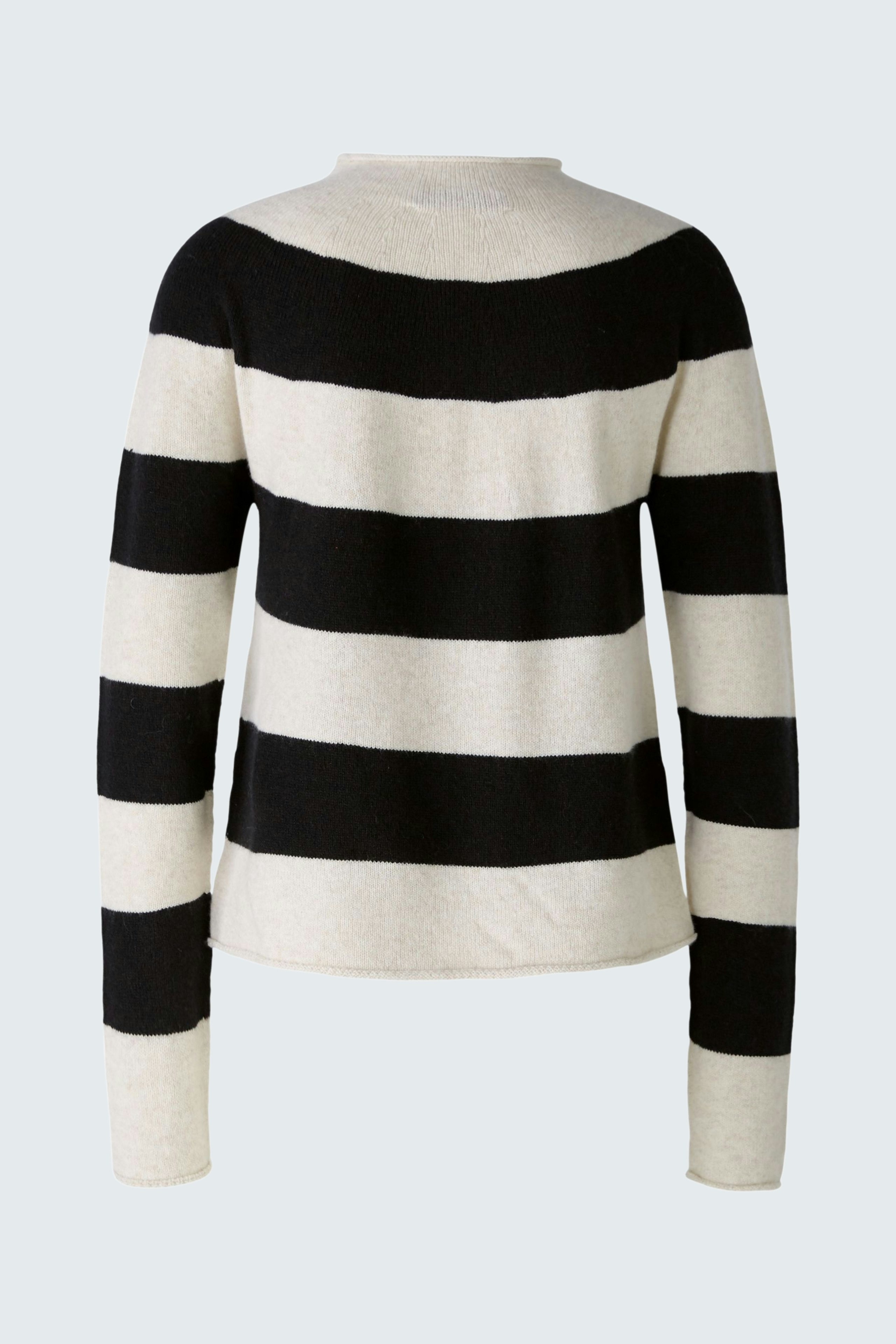 Damen-Pullover: Rückansicht eines gestreiften Pullovers in Schwarz und Beige.