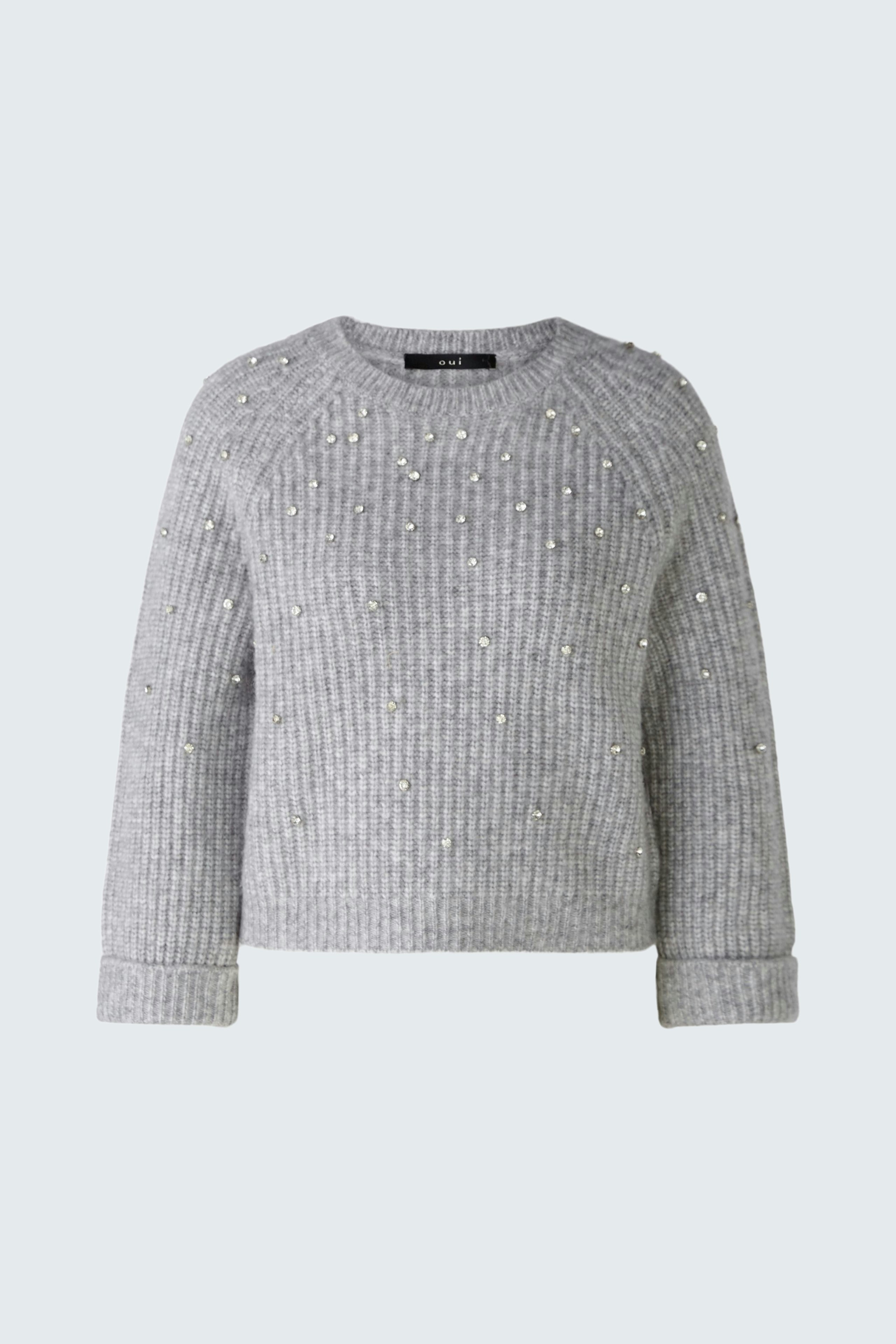 Eleganter Damen-Pullover in Grau mit feinen Perlen, ideal für einen modernen Look.