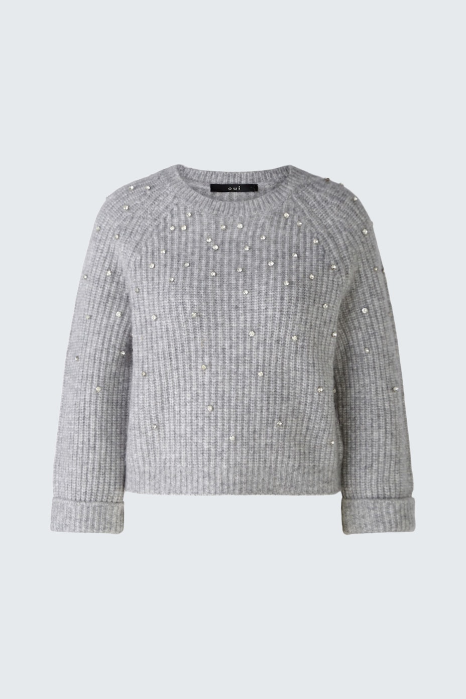 Stylish women's pullover: Gray ribbed design with pearl embellishments, perfect for casual wear.