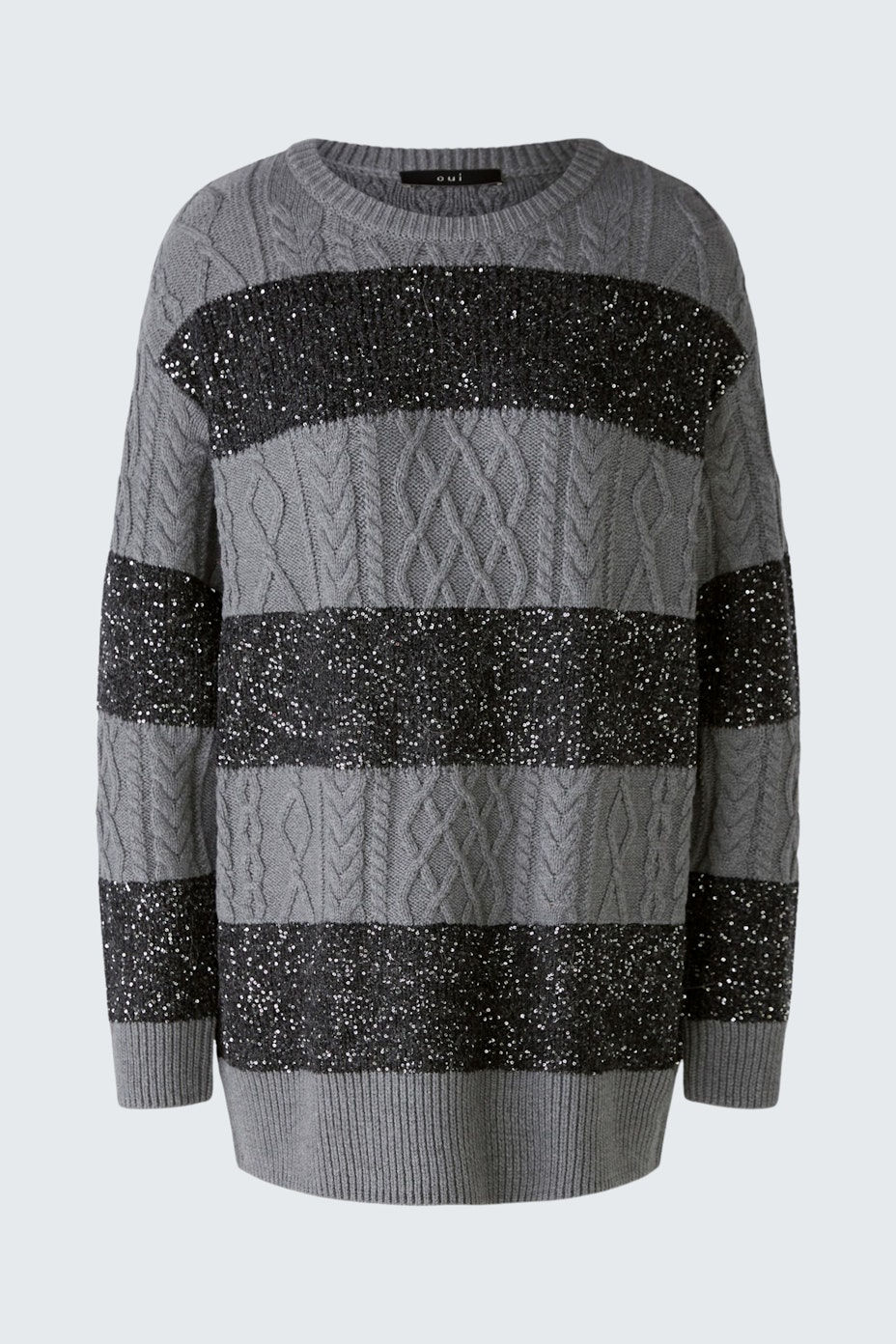 Stylish women's pullover: Cozy gray knit with black stripes, perfect for casual wear.