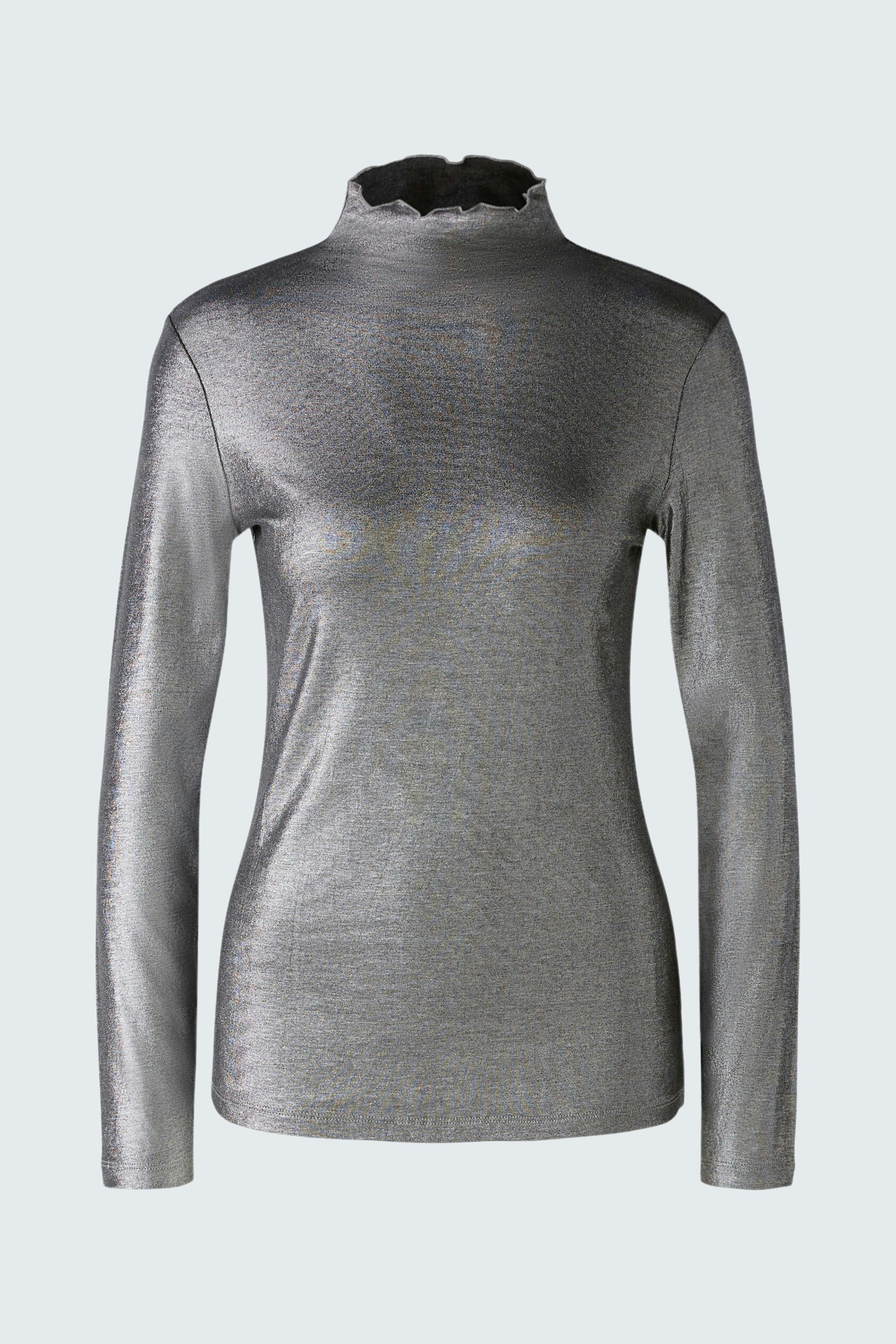 Stylish women's long-sleeve shirt in shimmering gray, perfect for layering or standalone wear.