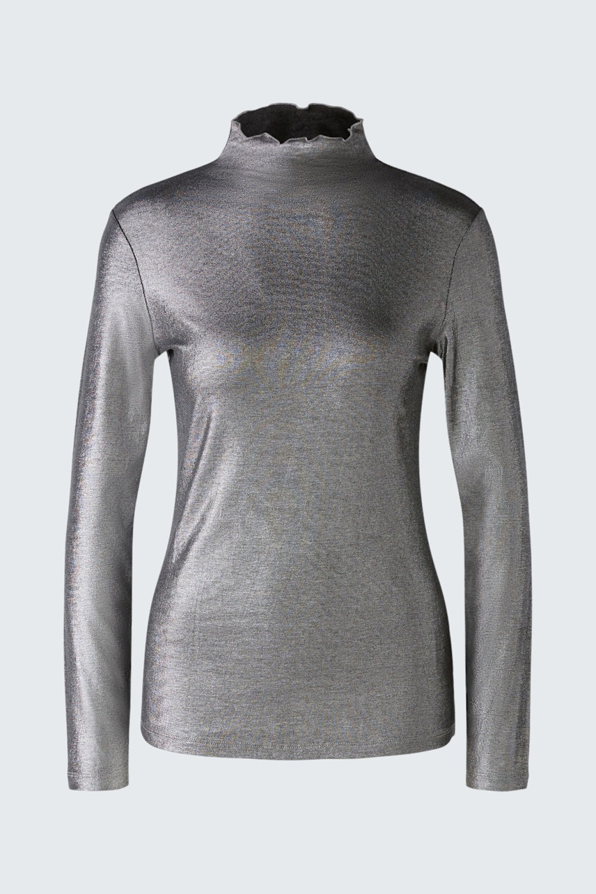 Stylish women's long-sleeve shirt in shimmering gray, perfect for layering or standalone wear.