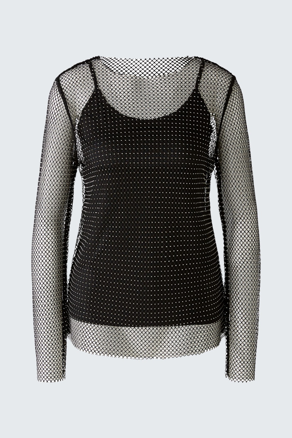 Stylish long-sleeve shirt: A black mesh pullover with dotted pattern, perfect for layering.