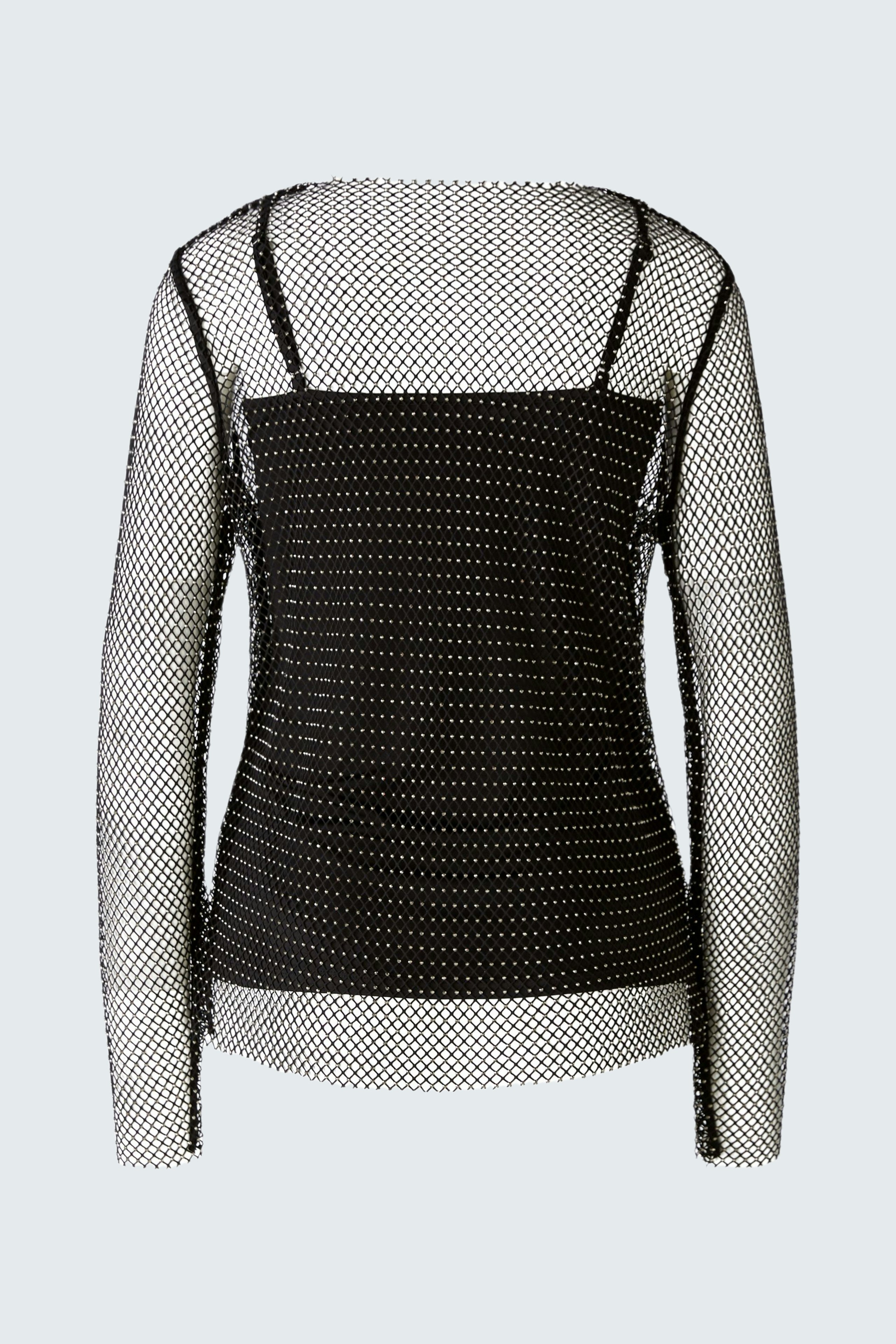 Damen Langarmshirt: Schwarzes, transparentes Shirt mit Netzdesign und langen Ärmeln.