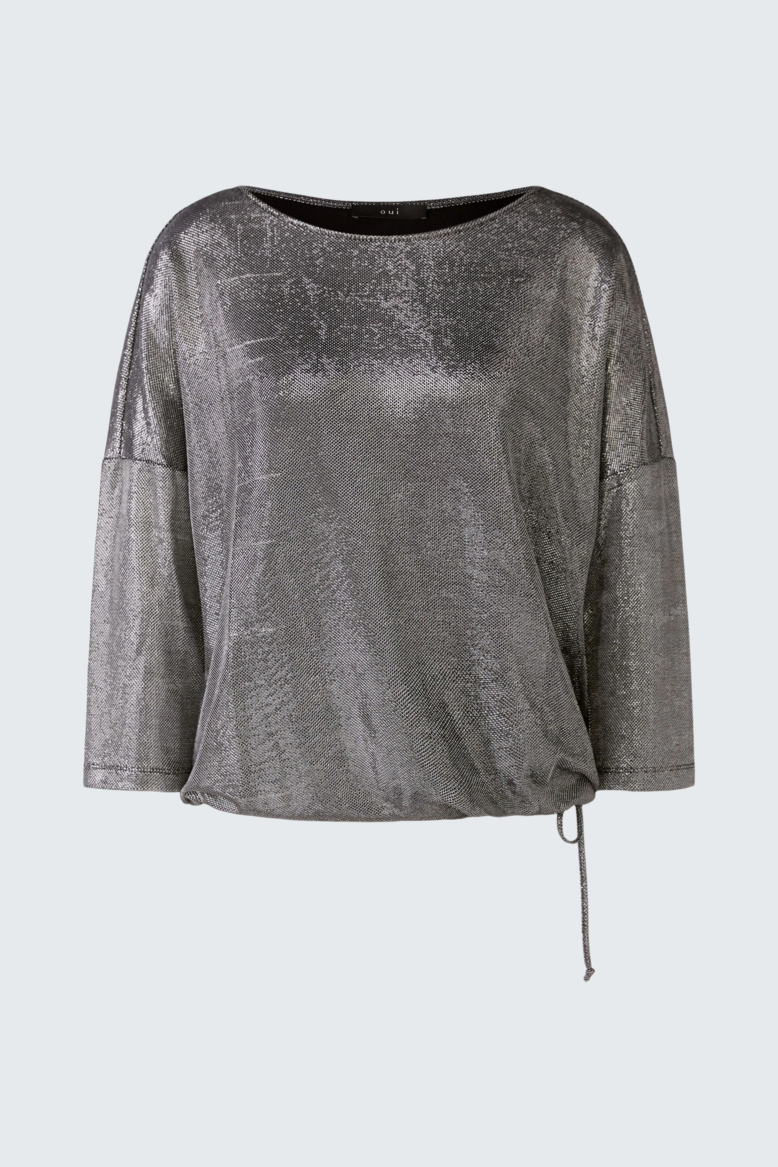 Elegantes Damen-T-Shirt in schimmerndem Grau mit lässigem Schnitt und seitlichem Bindeband.