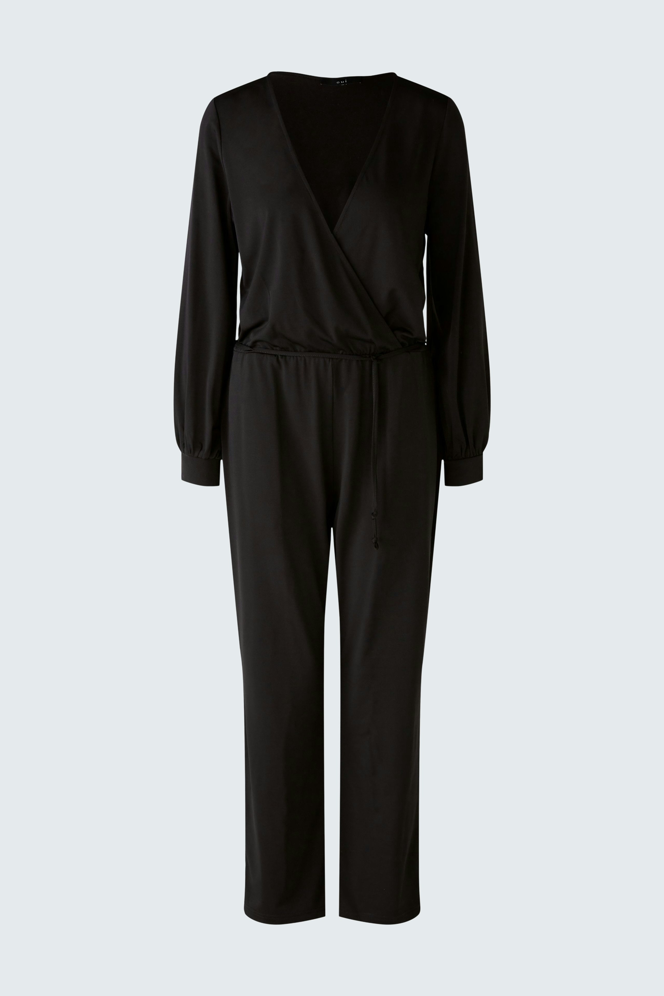 Elegant black jumpsuit for women with a wrap design and long sleeves, perfect for any occasion.