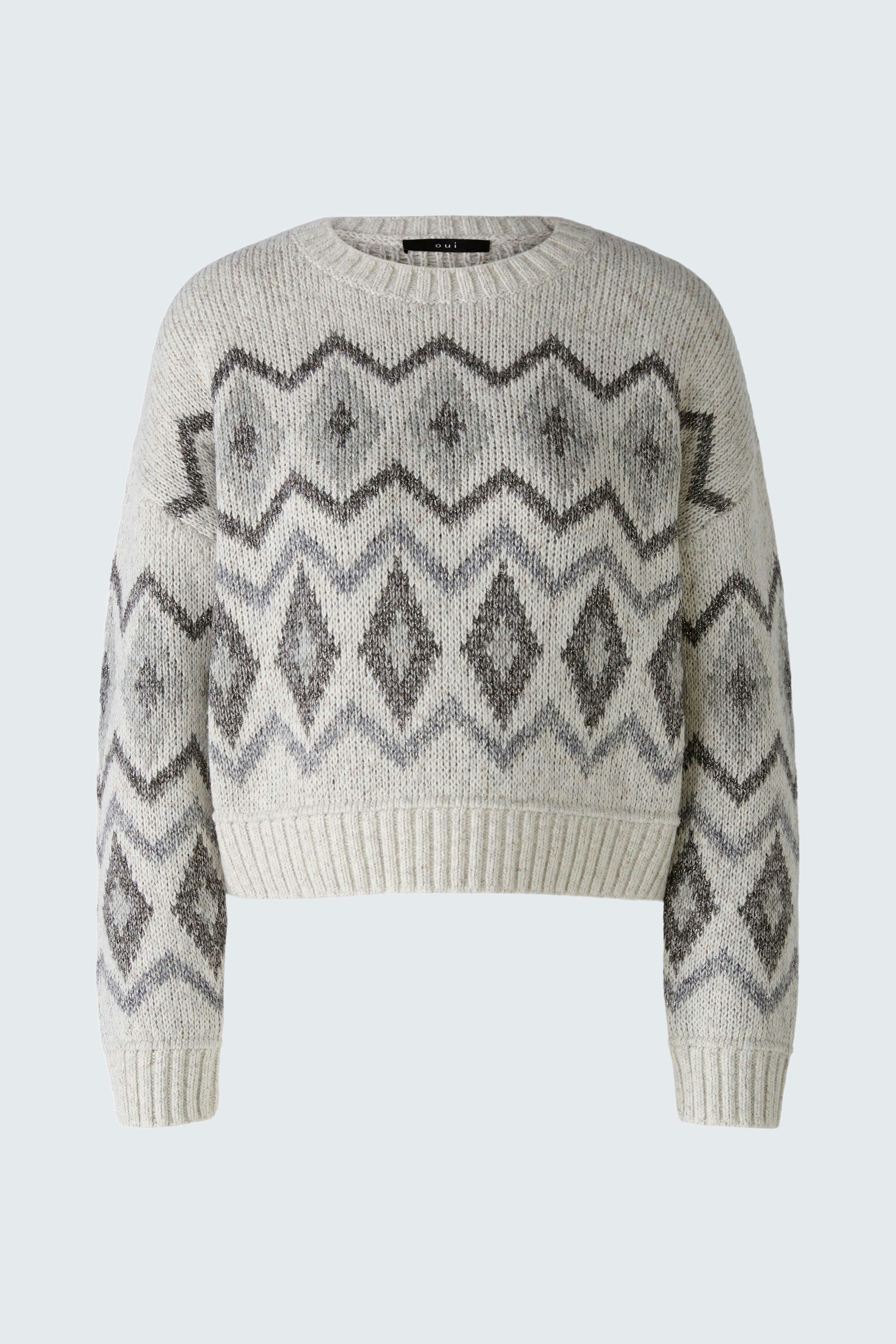 Gemusterter Damen-Pullover in Grau mit modernem Design und lässigem Schnitt.