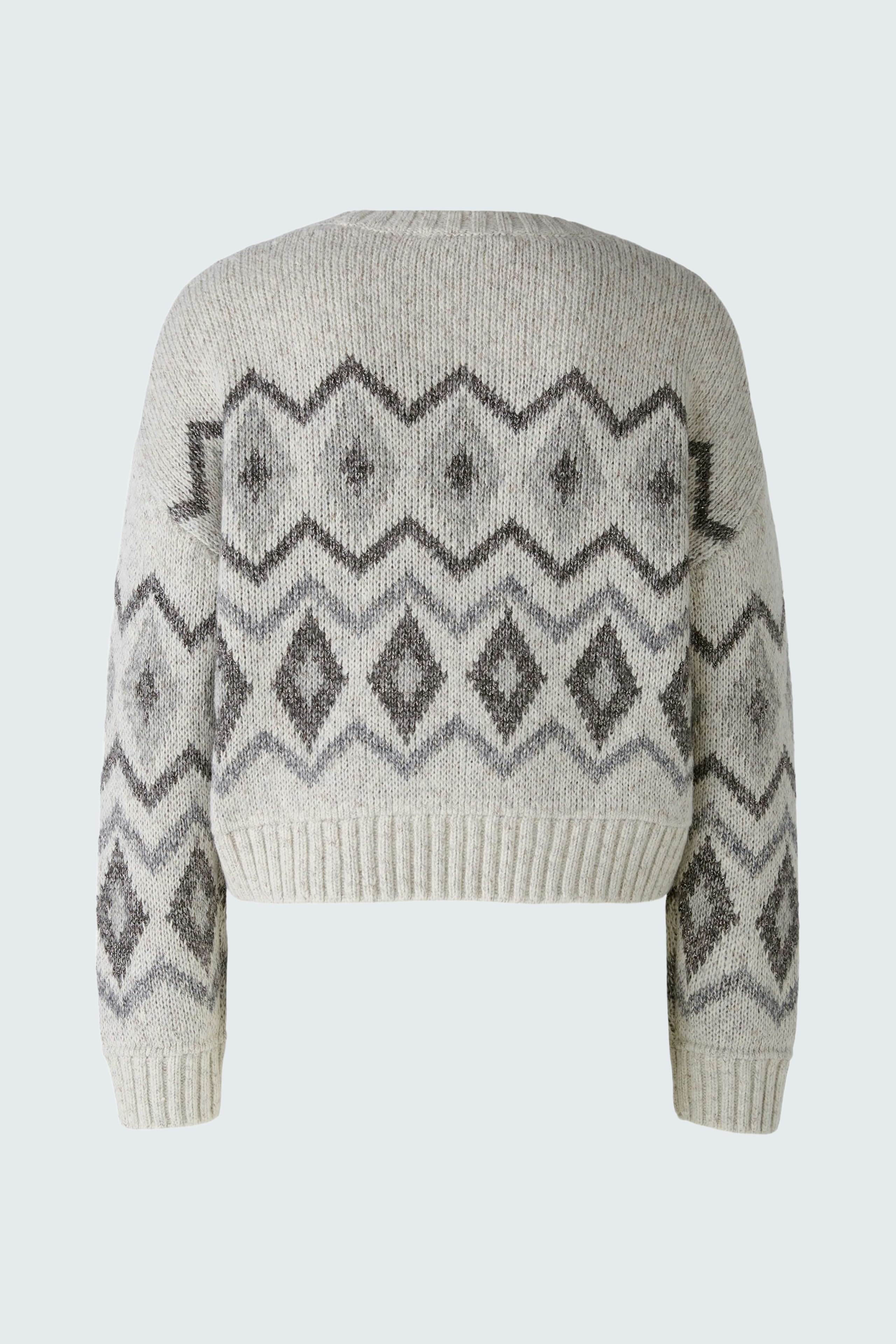 Gemusterter Damen-Pullover in Grau mit geometrischem Design und lässigem Schnitt.
