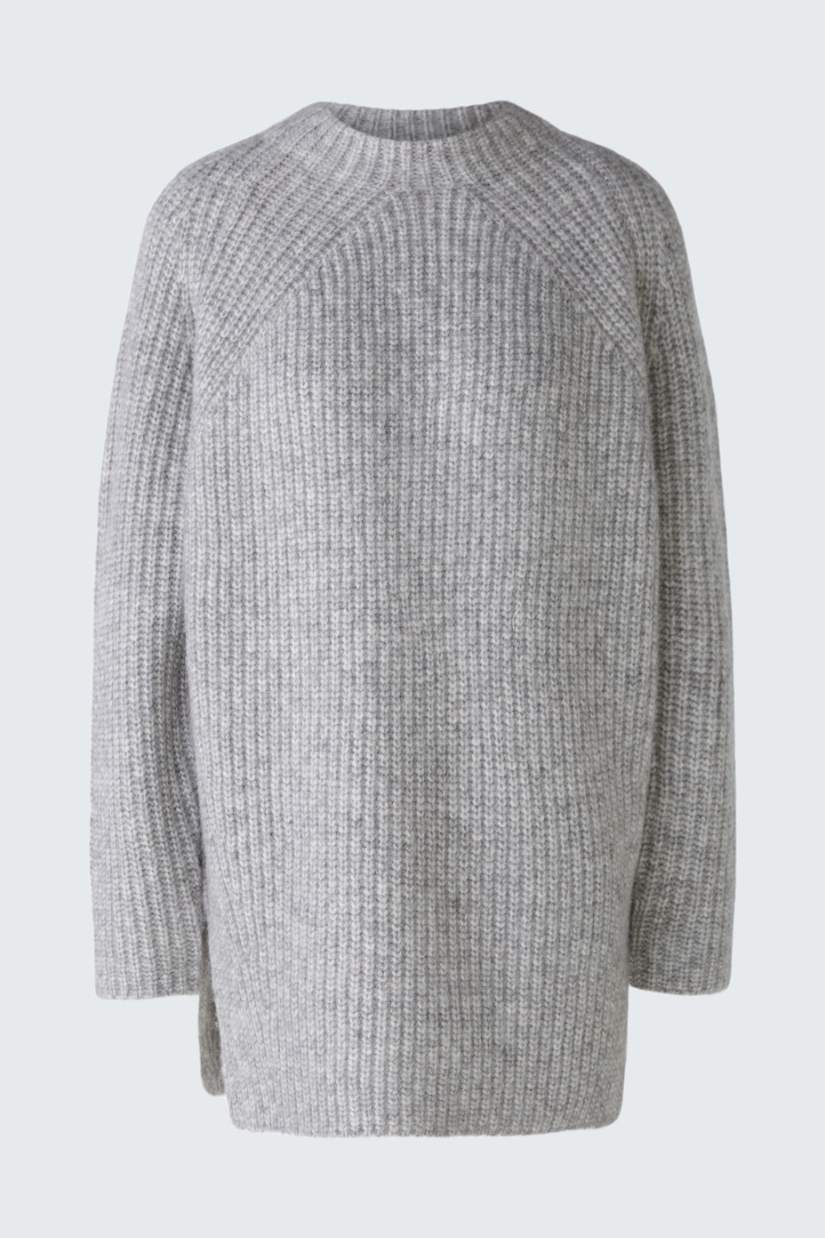 Cozy women's pullover in soft gray knit, featuring a relaxed fit and ribbed texture.