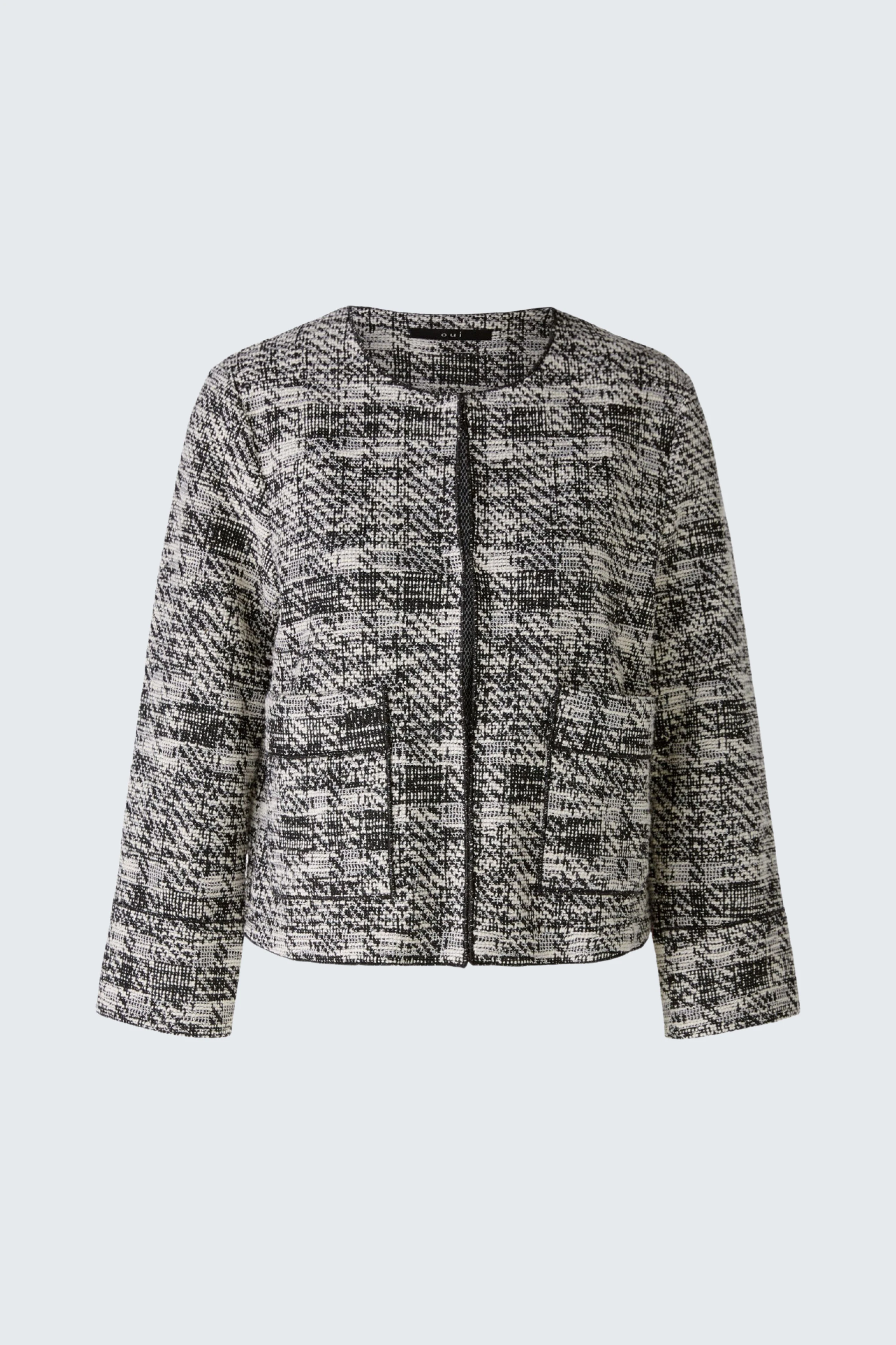 Stylische Damenjacke: Gepflegte, graue Jacke mit Karomuster und praktischen Taschen.