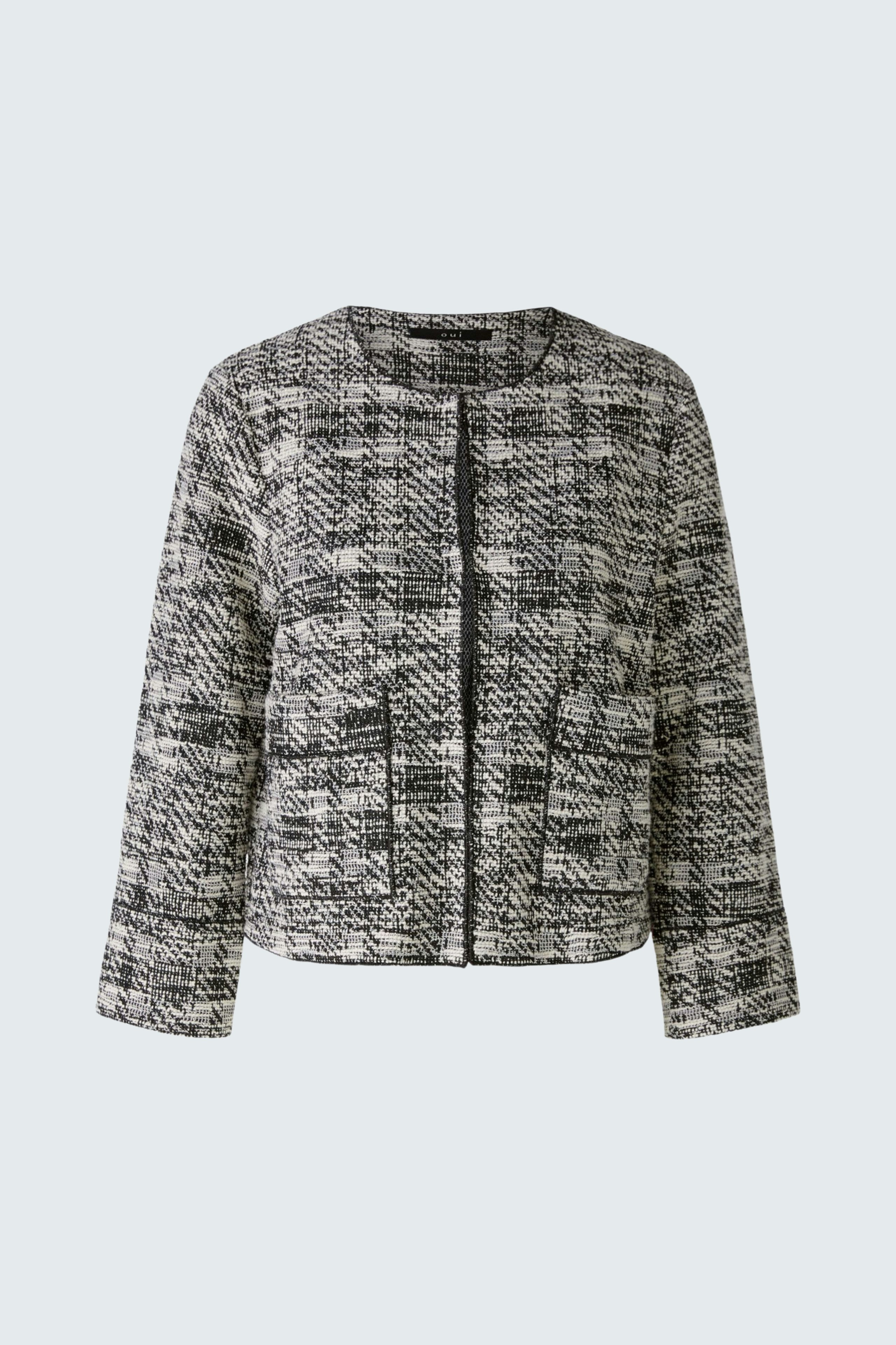 Stylische Damenjacke: Gepflegte, graue Jacke mit Karomuster und praktischen Taschen.