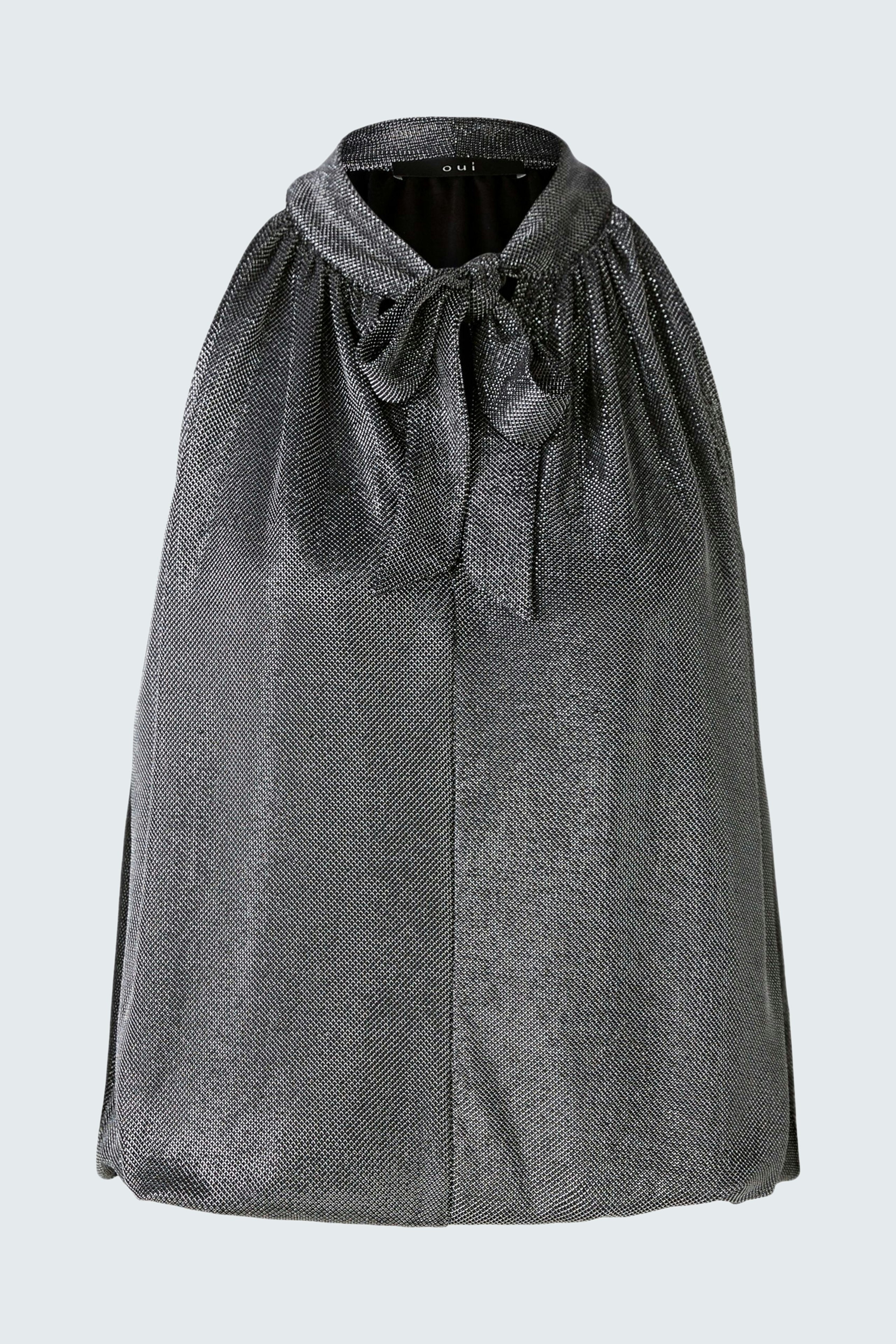 Elegantes Damen-Top in schimmerndem Grau mit modischem Kragen und Schleife.