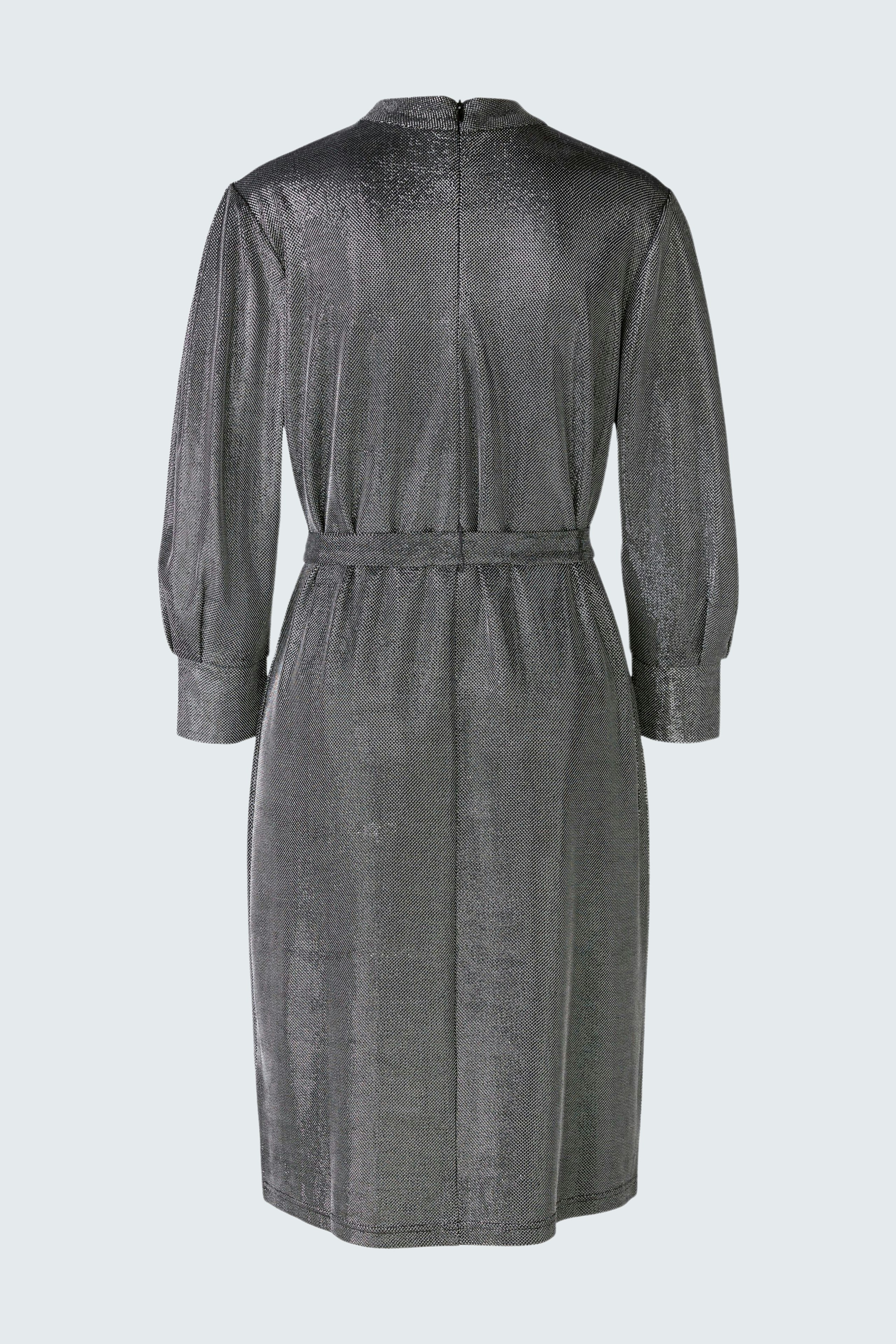 Elegantes Abendkleid: Rückansicht eines grauen Kleides mit Gürtel und langen Ärmeln.