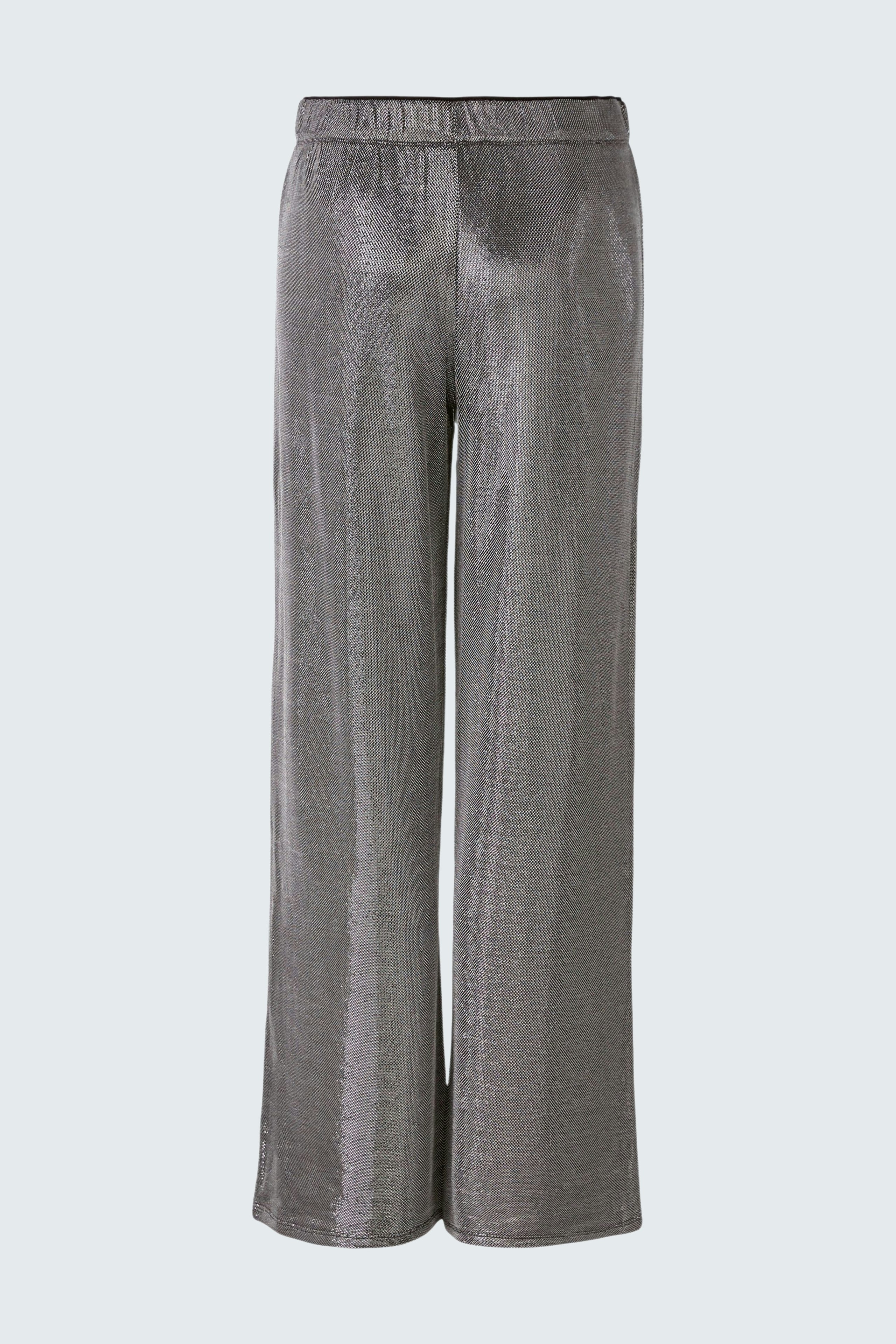 Stylish women's pants in shimmering gray, featuring a comfortable elastic waistband.