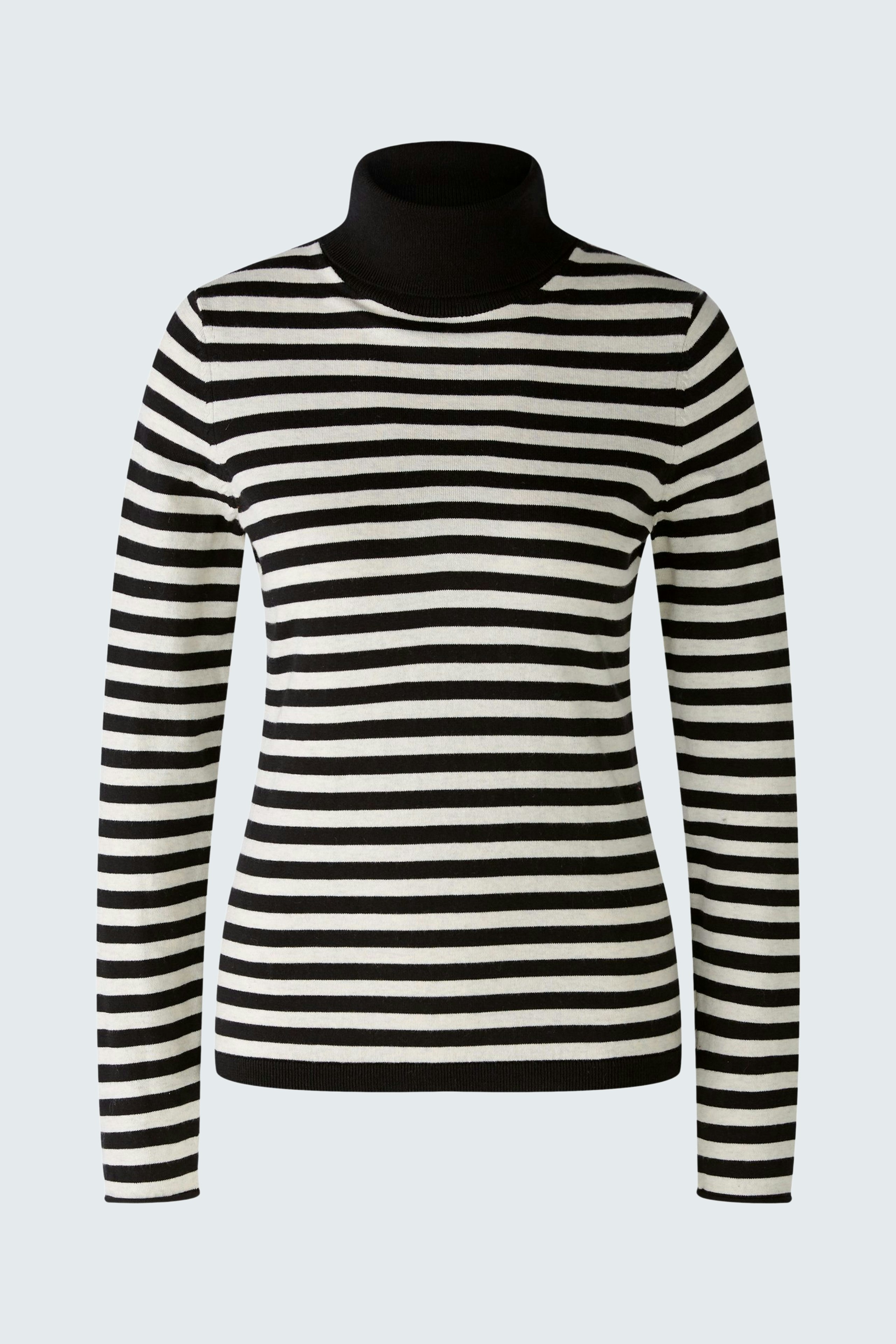 Eleganter Damen-Pullover: Schwarz-weißer gestreifter Rollkragenpullover für stilvolle Looks.