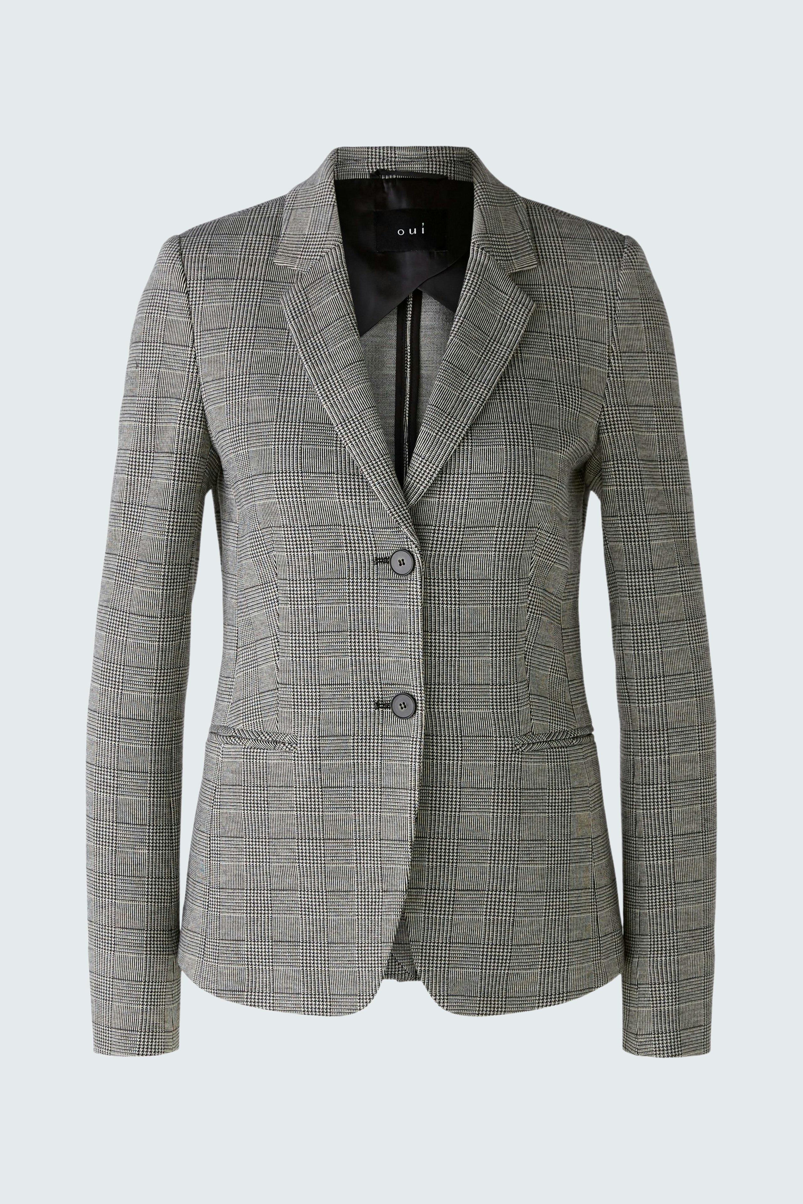 Eleganter Damen-Blazer in grauem Karomuster mit zwei Knöpfen und klassischem Revers.